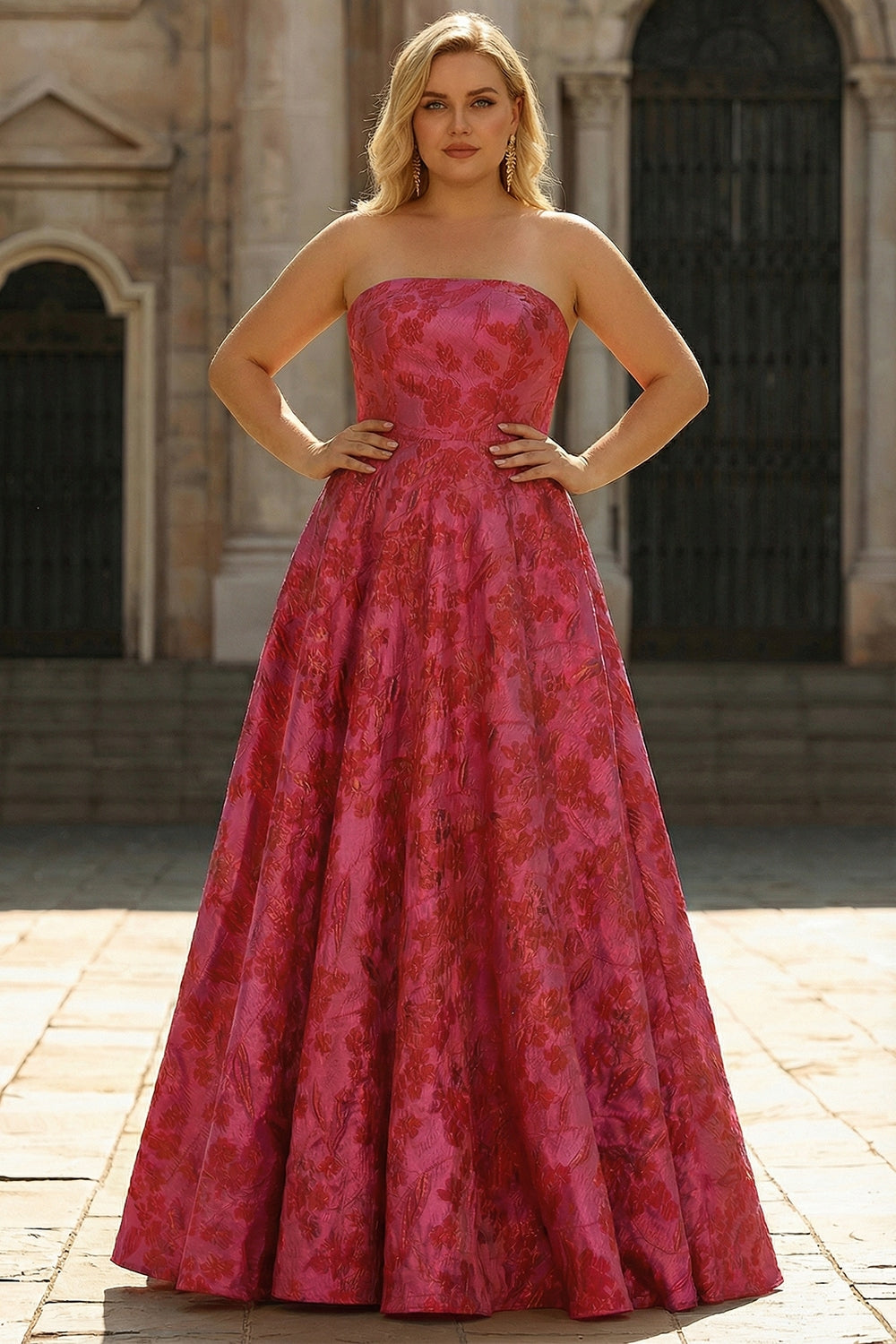 Strapless Floral Fuchsia A Line Strapless Long Prom Dress with Slit