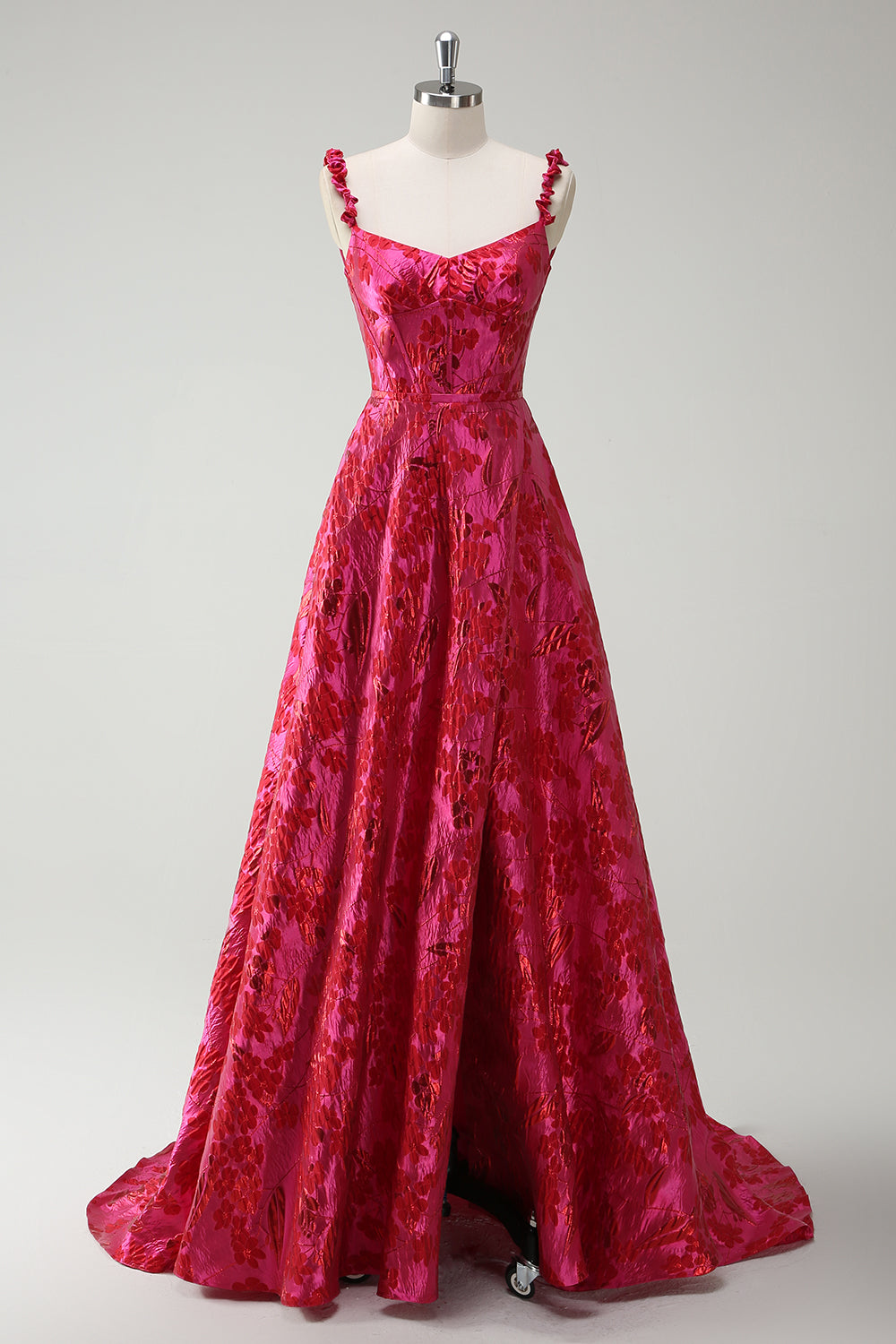 Floral Fuchsia Spaghetti Straps A Line Long Prom Dress with Slit