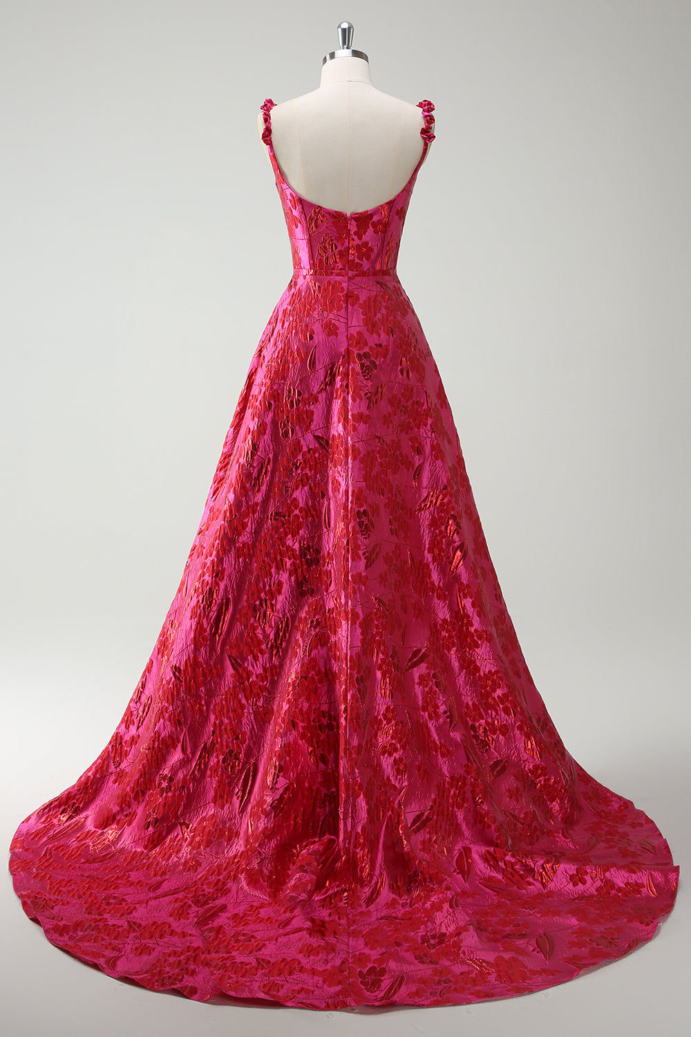 Floral Fuchsia Spaghetti Straps A Line Long Prom Dress with Slit