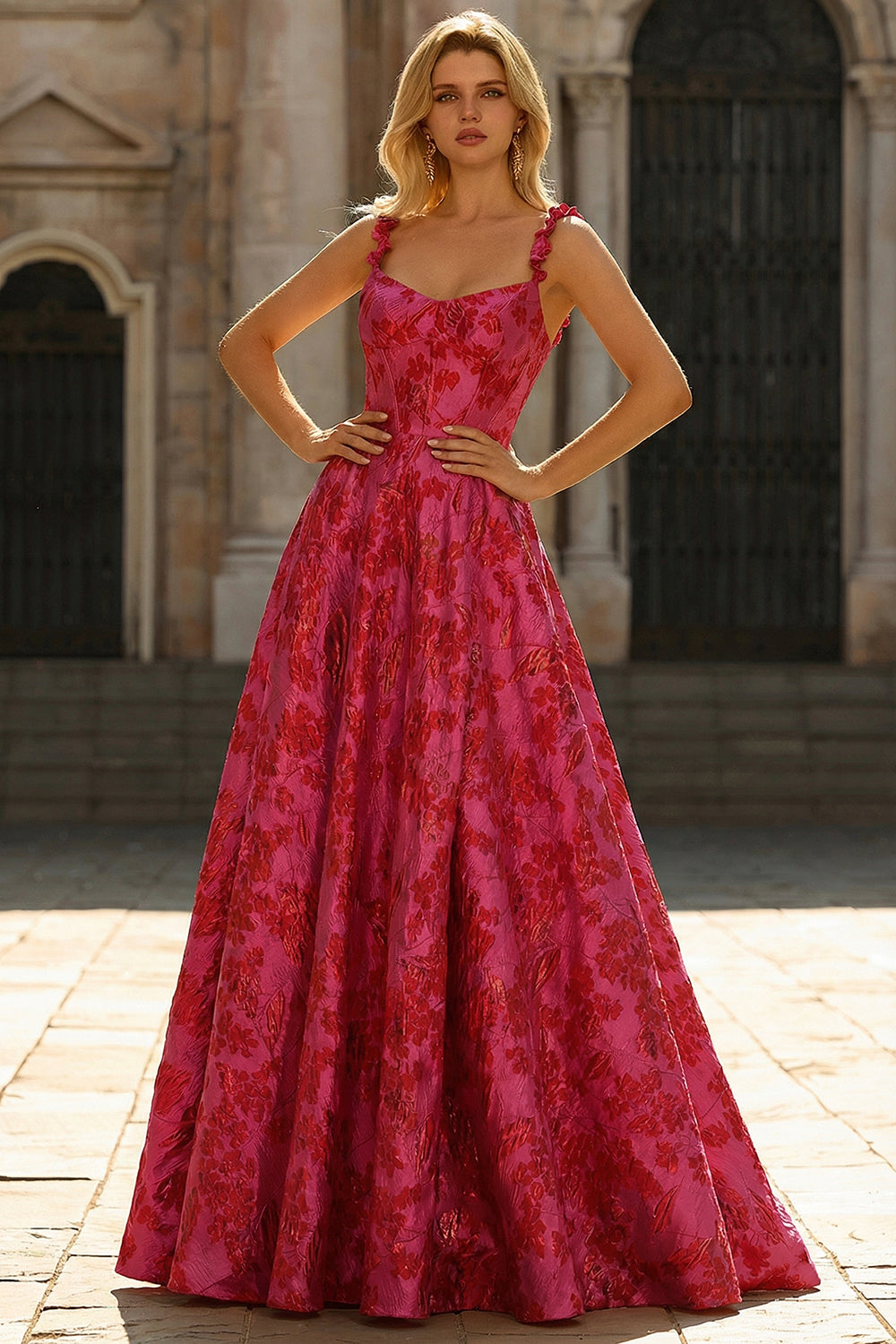 Spaghetti Straps Fuchsia A Line Floral Long Prom Dress with Slit