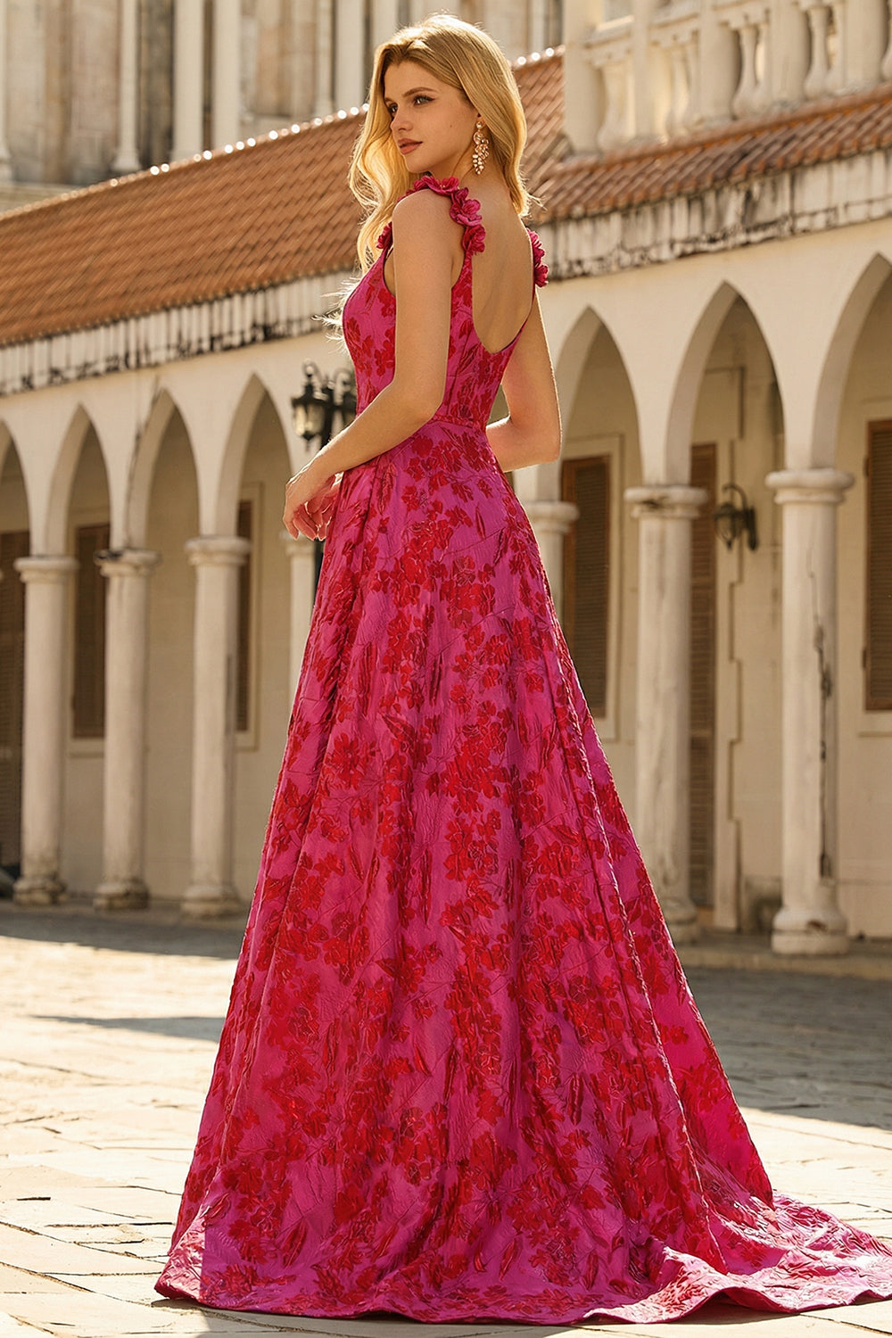 Spaghetti Straps Fuchsia A Line Floral Long Prom Dress with Slit