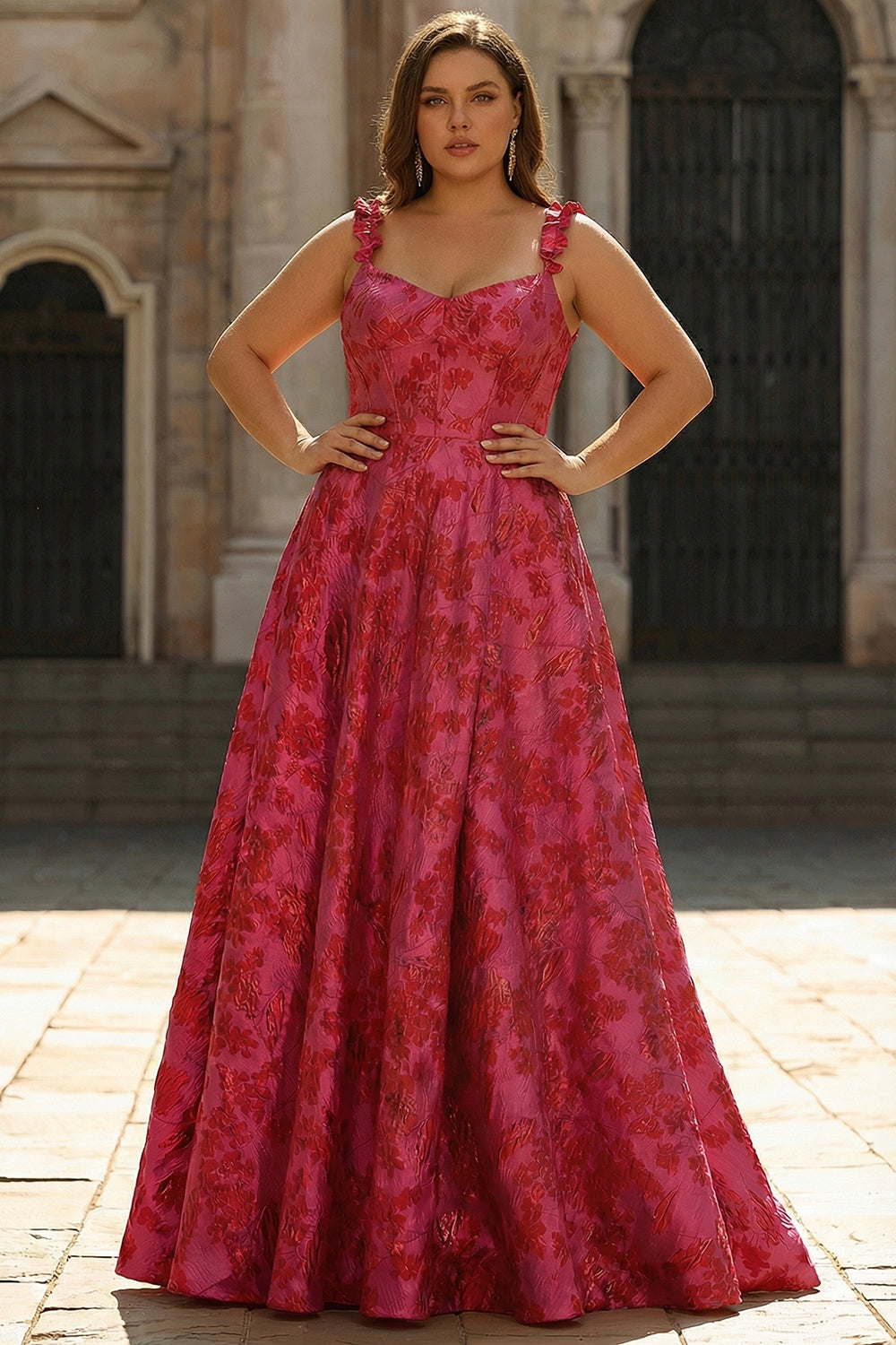 Floral Fuchsia Spaghetti Straps A Line Long Prom Dress with Slit