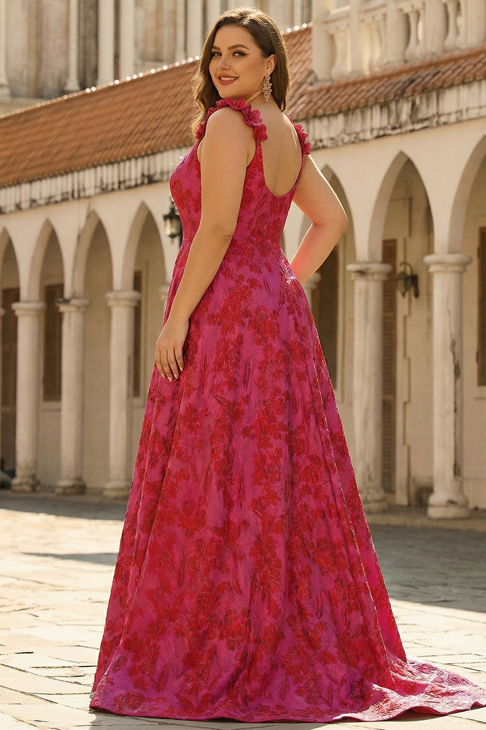 Floral Fuchsia Spaghetti Straps A Line Long Prom Dress with Slit