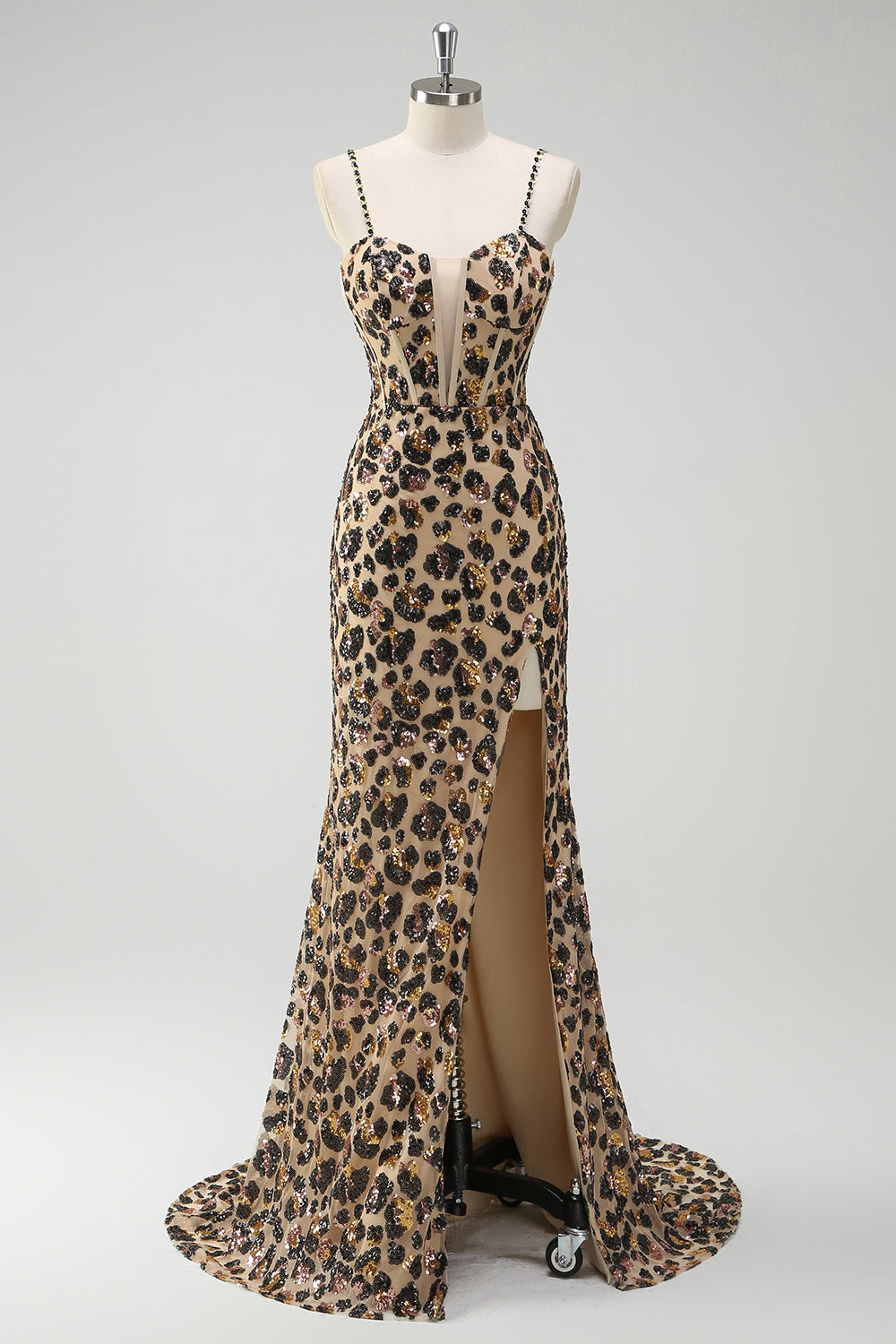 Sparkly Kahki Leopard Spaghetti Straps Mermaid Long Corset Prom Dress with Slit