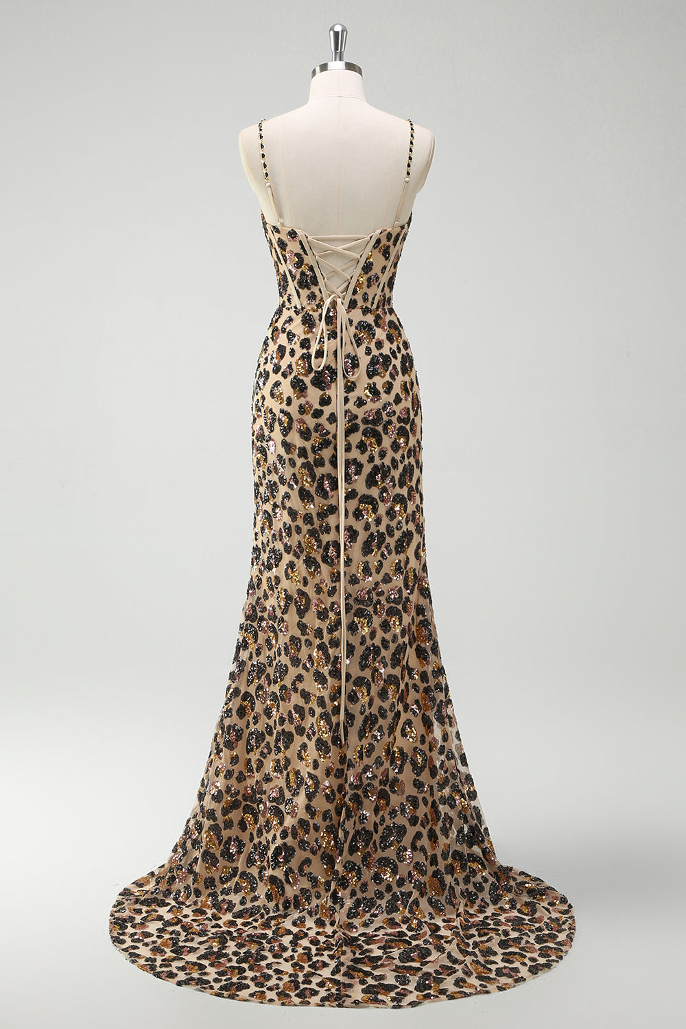 Sparkly Kahki Leopard Spaghetti Straps Mermaid Long Corset Prom Dress with Slit
