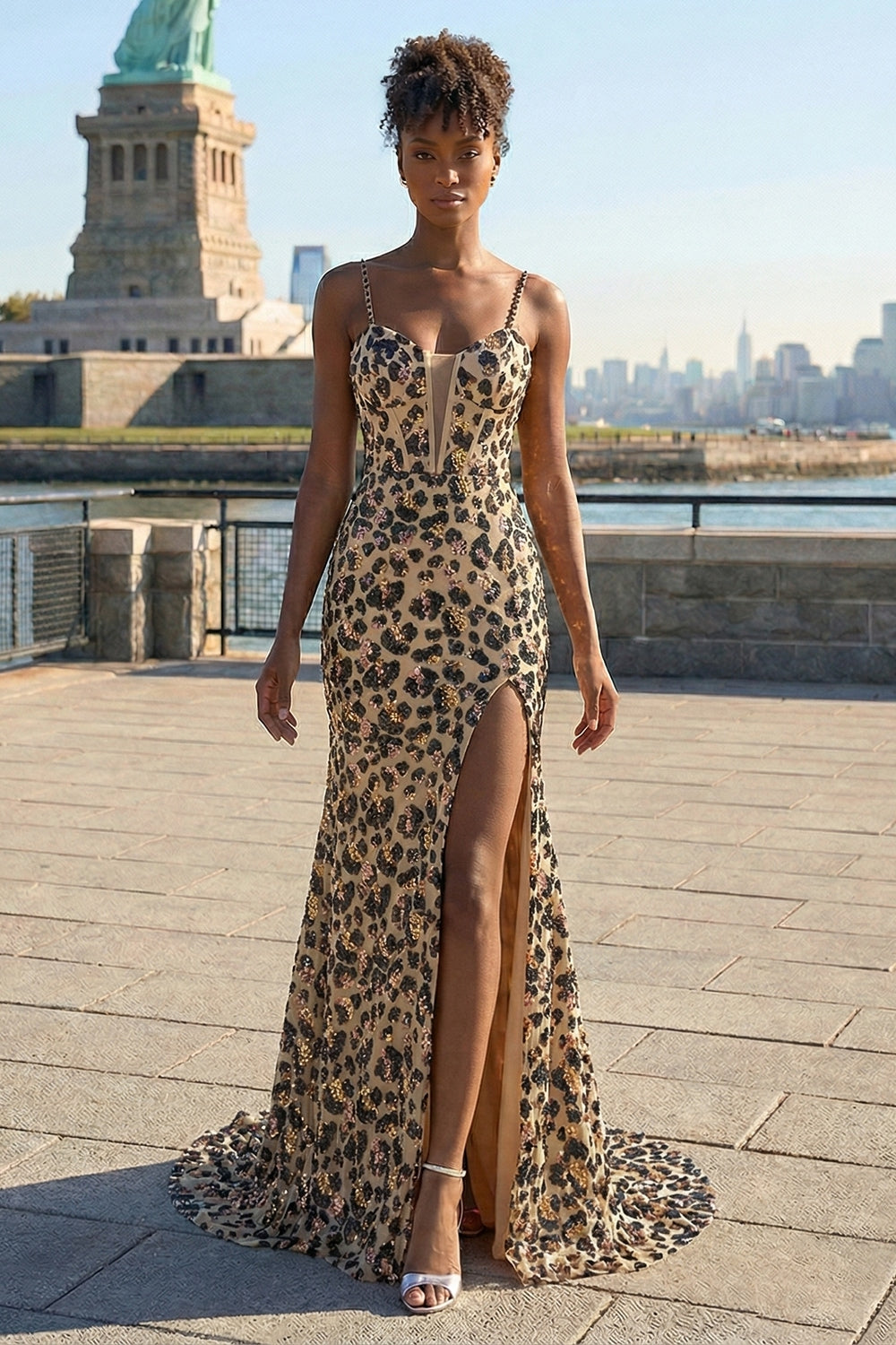 Sparkly Kahki Leopard Spaghetti Straps Mermaid Long Corset Prom Dress with Slit