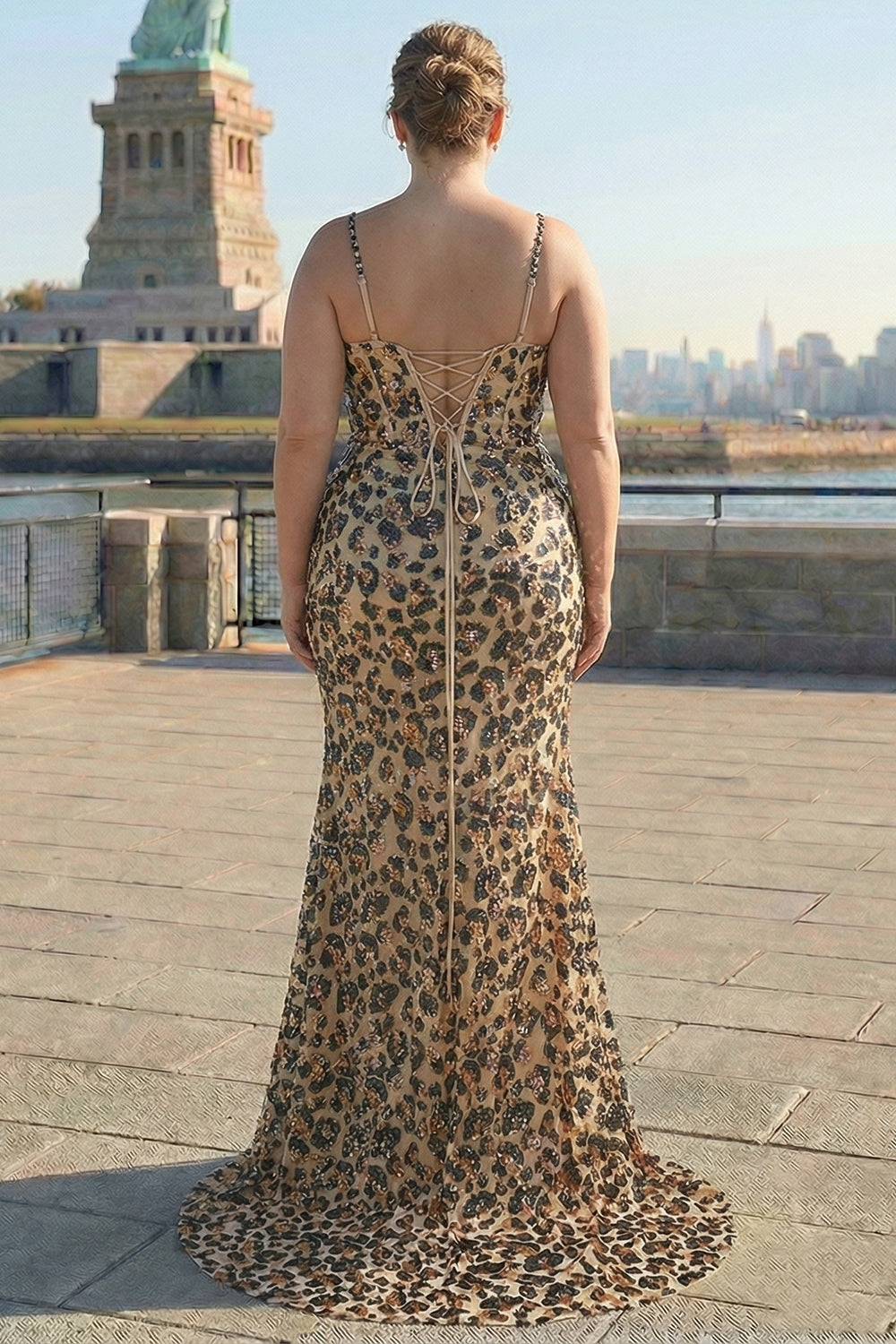 Sparkly Kahki Leopard Plus Size Sequins Mermaid Long Corset Prom Dress with Slit