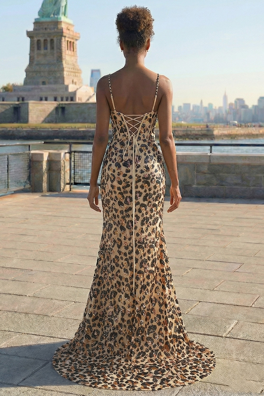 Sparkly Kahki Leopard Spaghetti Straps Mermaid Long Corset Prom Dress with Slit