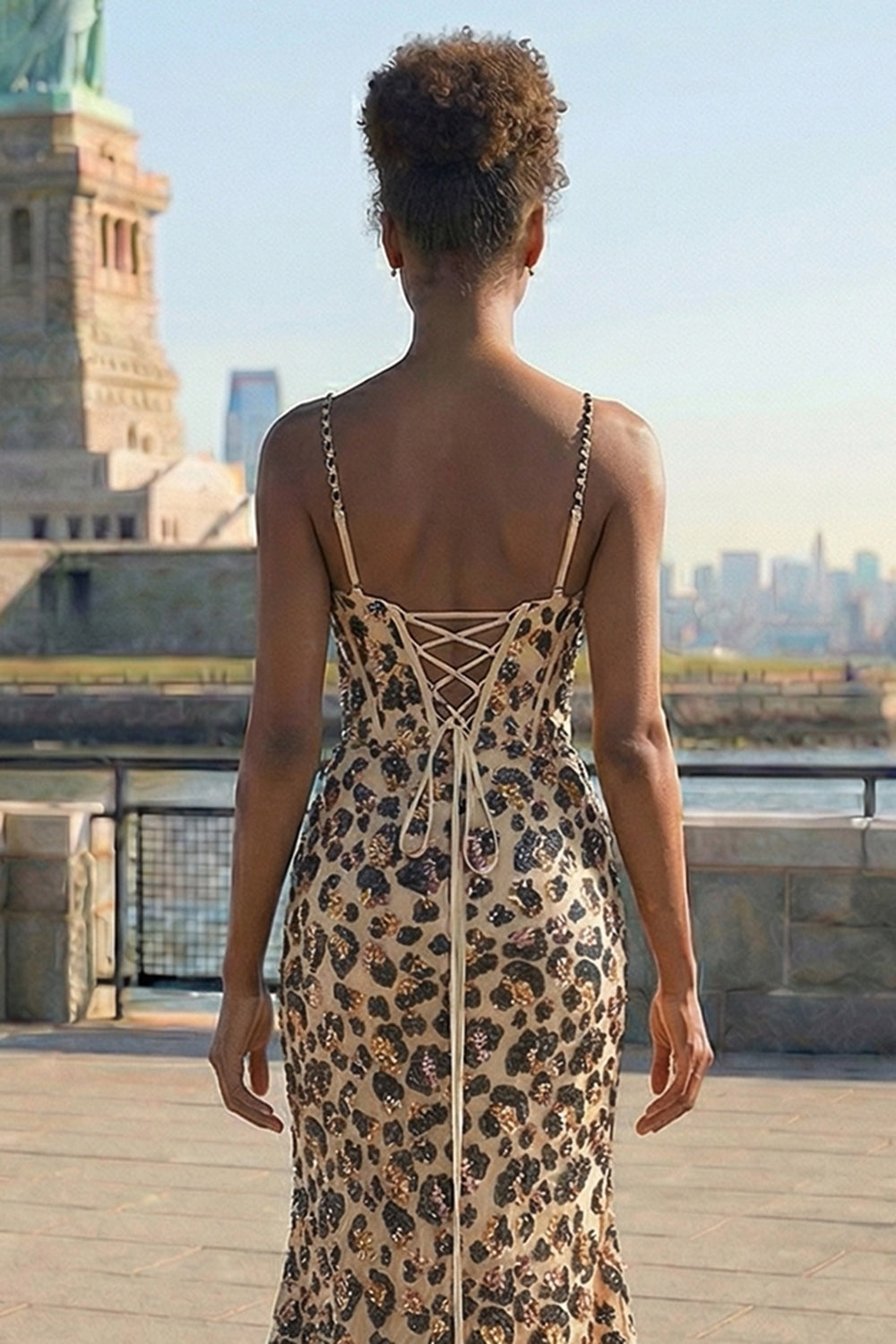 Sparkly Kahki Leopard Spaghetti Straps Mermaid Long Corset Prom Dress with Slit