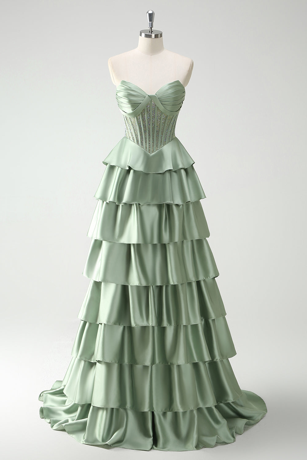 Sparkly Green A Line Tiered Ruffled Long Corset Prom Dress