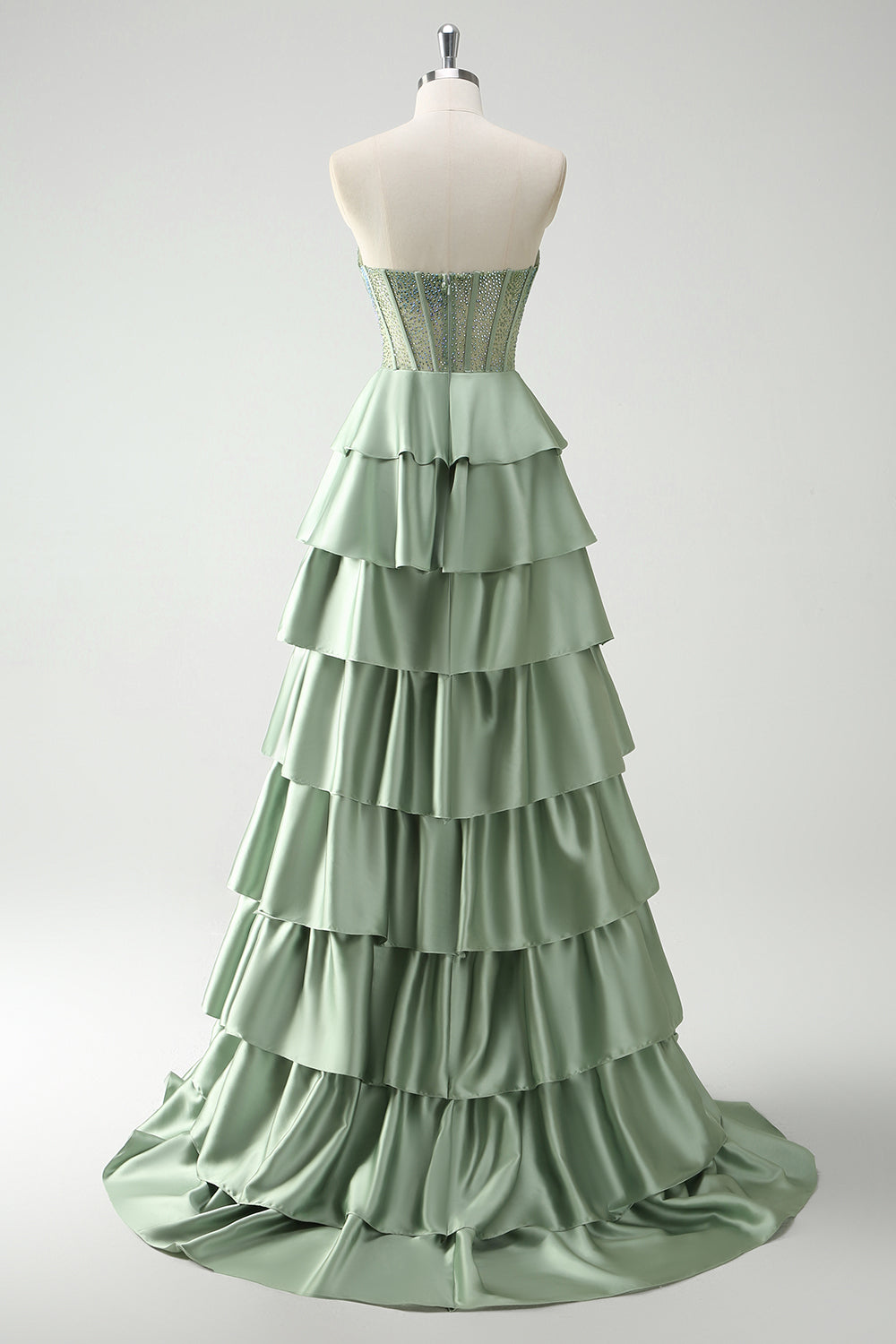 Sparkly Green A Line Plus Size Tiered Long Corset Prom Dress with Ruffles