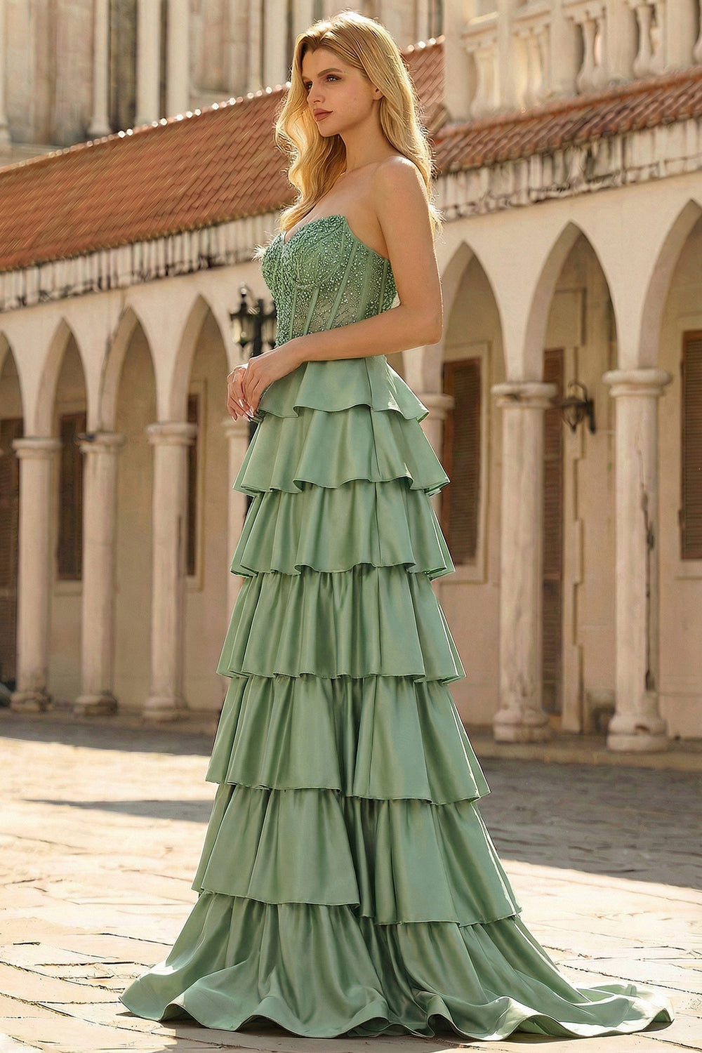 Sparkly Green A Line Tiered Ruffled Long Corset Prom Dress