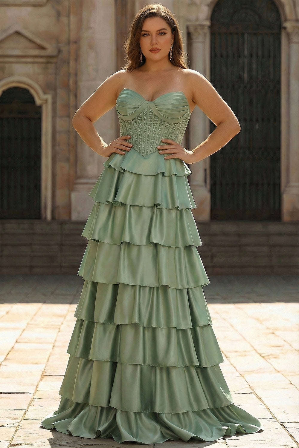 Sparkly Green A Line Tiered Ruffled Long Corset Prom Dress