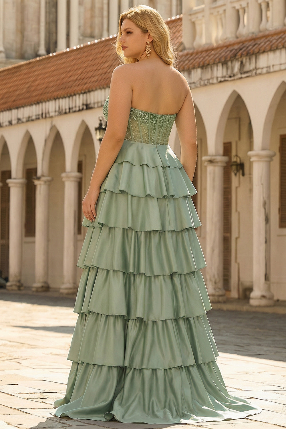Sparkly Green A Line Tiered Ruffled Long Corset Prom Dress