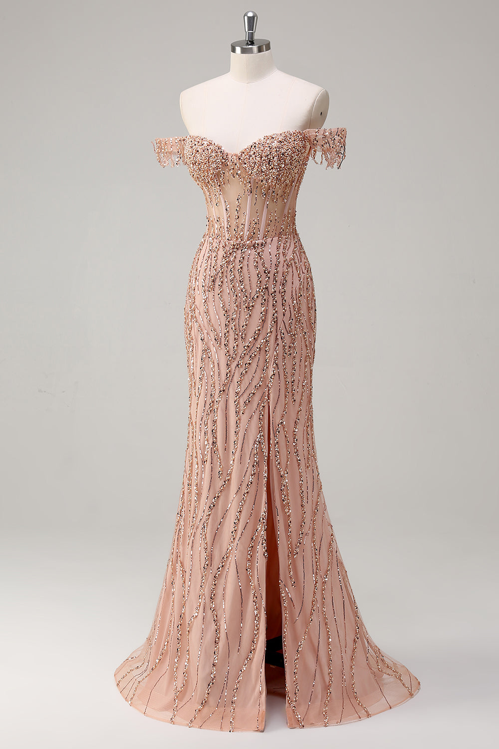 Dusty Rose Sequined Mermaid Off the Shoulder Prom Dress with Slit