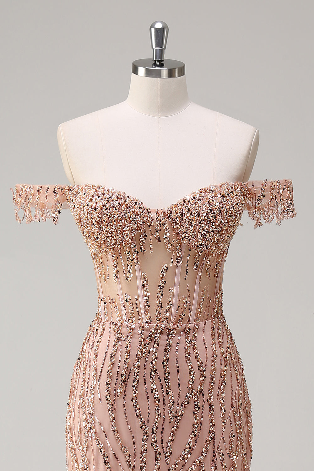 Dusty Rose Sequined Mermaid Off the Shoulder Prom Dress with Slit