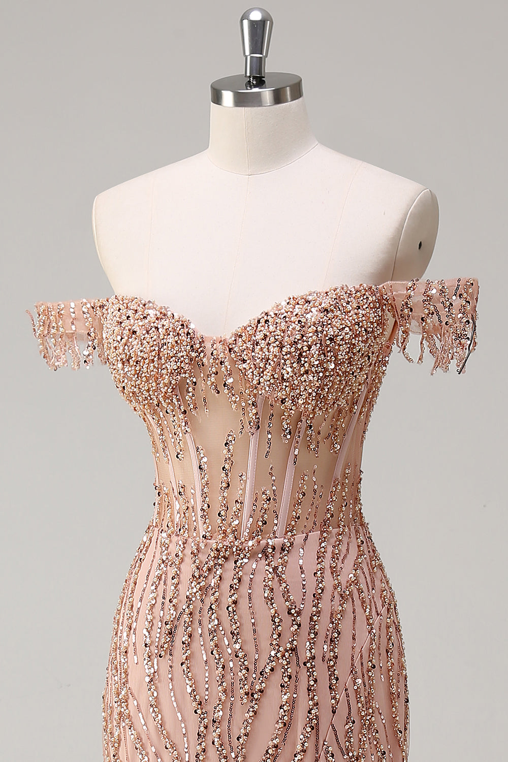 Dusty Rose Sequined Mermaid Off the Shoulder Prom Dress with Slit