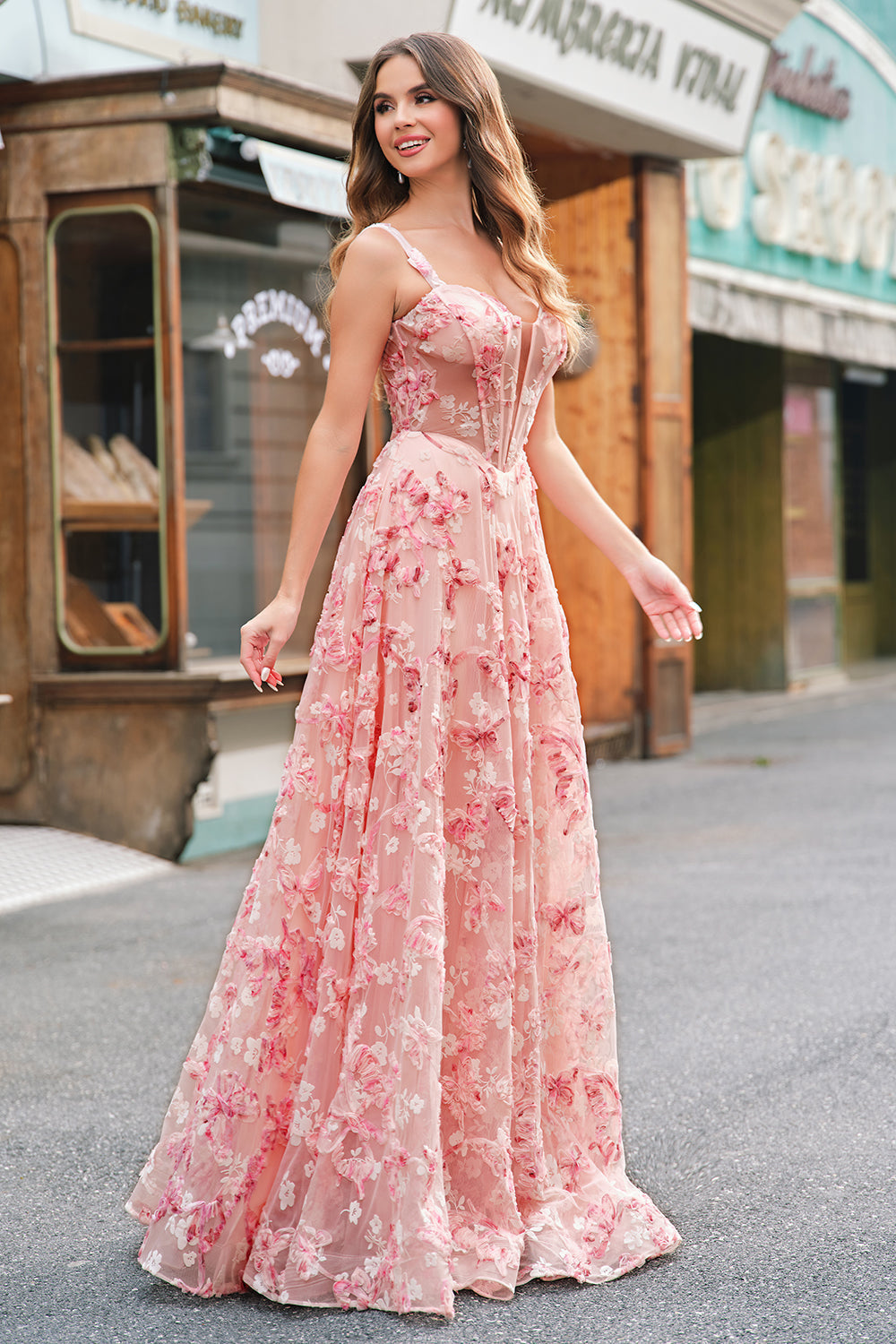 Pink Off The Shoulder A-Line Corset 3D Butterflies Floral Prom Dress with Slit