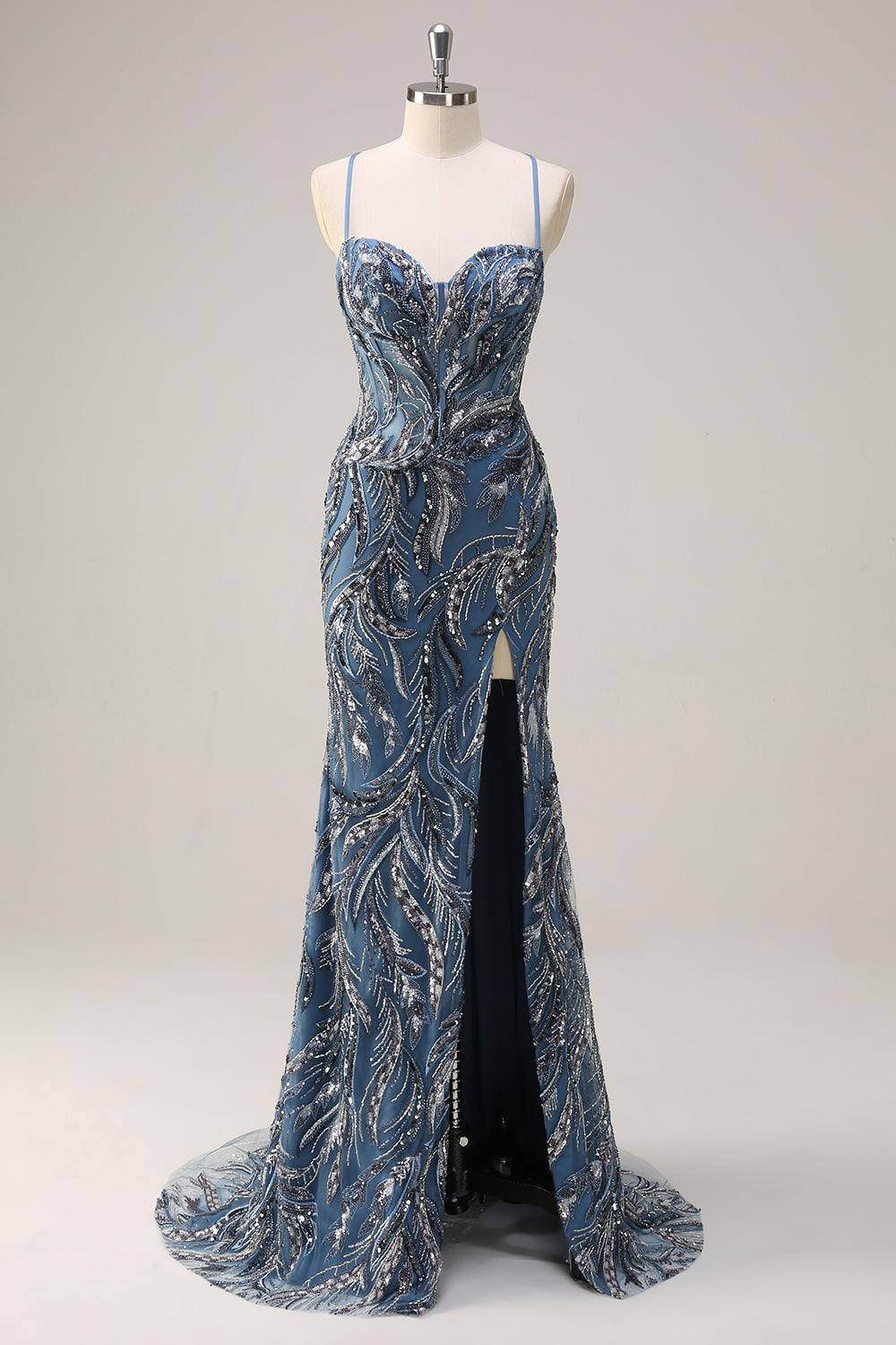 Plus Size Sparkly Twilight Mermaid Sequins Beaded Spaghetti Straps Long Prom Dress