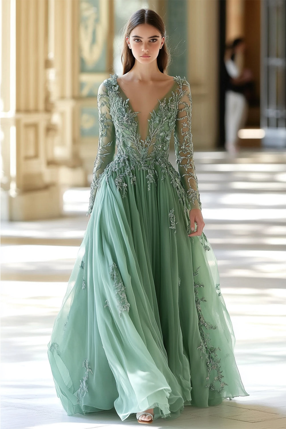Sage V-neck Applique Long A-Line Prom Dress with Sleeves