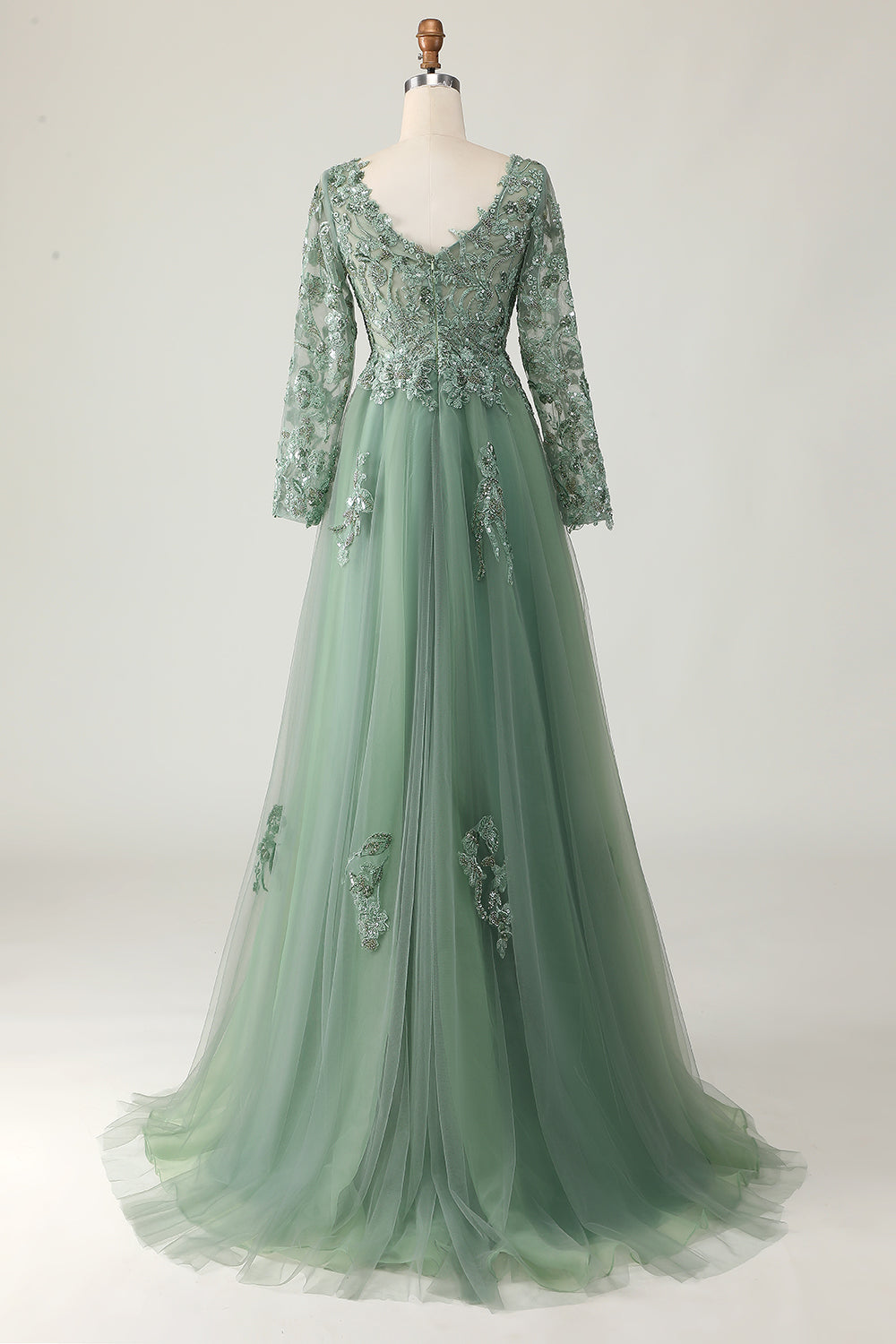 Sage V-neck Applique Long A-Line Prom Dress with Sleeves