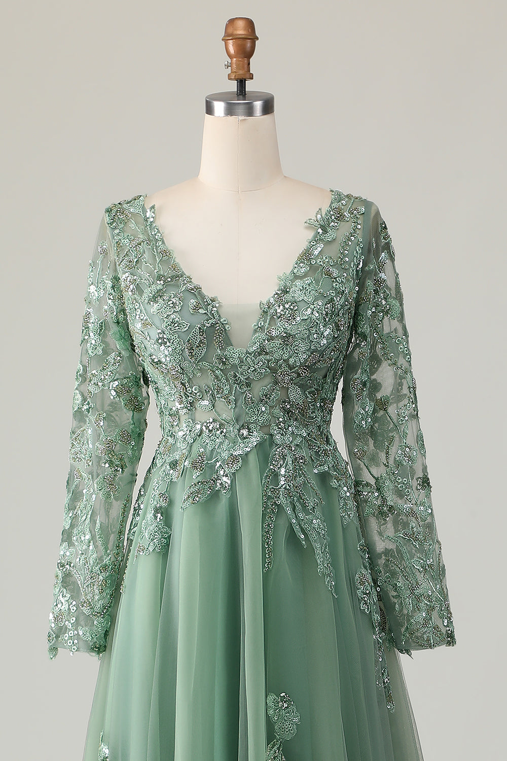 Sage V-neck Applique Long A-Line Prom Dress with Sleeves