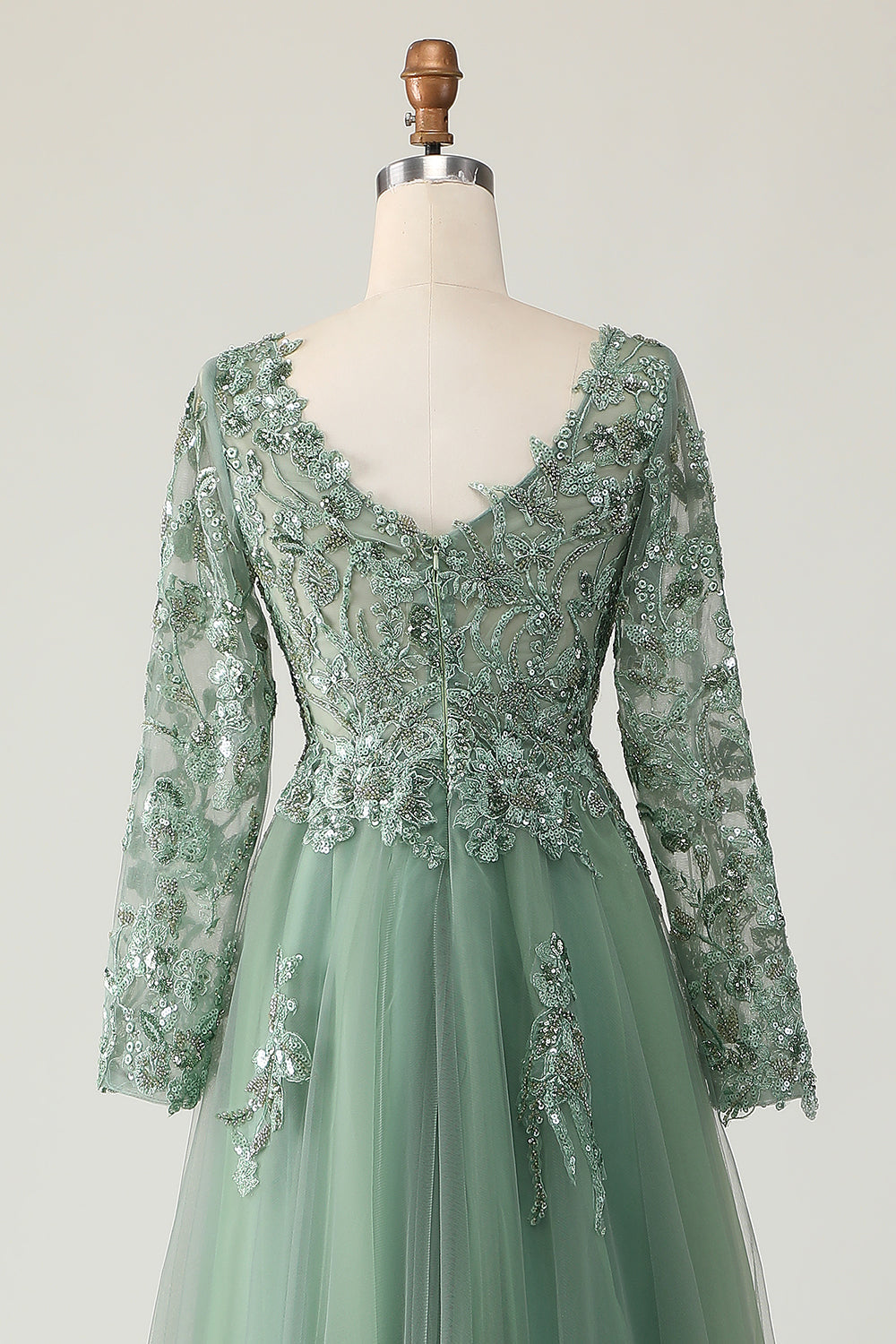 Sage V-neck Applique Long A-Line Prom Dress with Sleeves