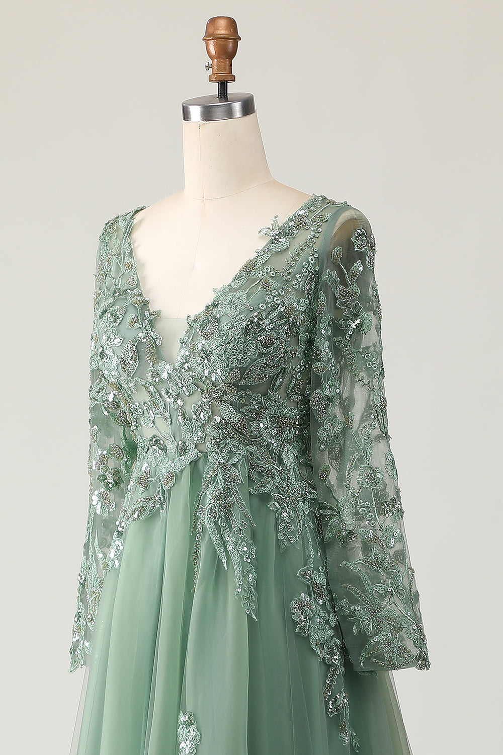 Sage V-neck Applique Long A-Line Prom Dress with Sleeves