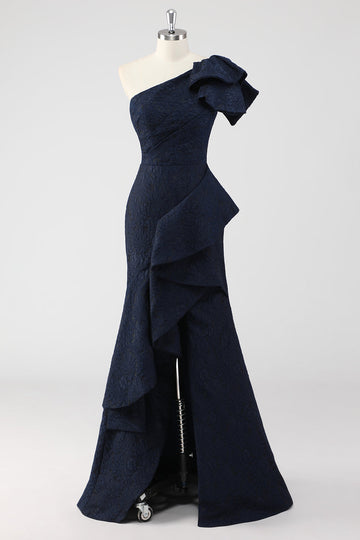 Mermaid Navy One Shoulder Long Formal Dress with Ruffles