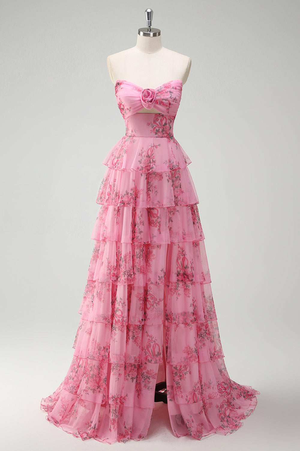Floral Blush Chiffon A Line Long Prom Dress with Slit