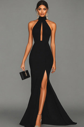 Black Mermaid Halter Neck Satin Long Formal Dress