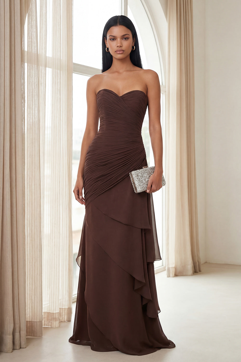 Dark Brown Sweetheart Ruched Long Formal Dress with Ruffles