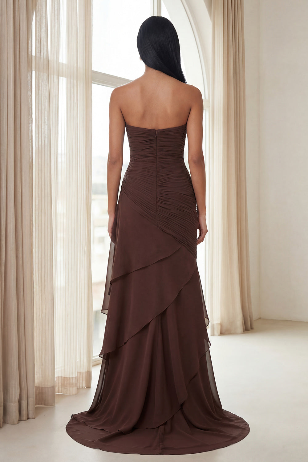 Dark Brown Sweetheart Ruched Long Formal Dress with Ruffles