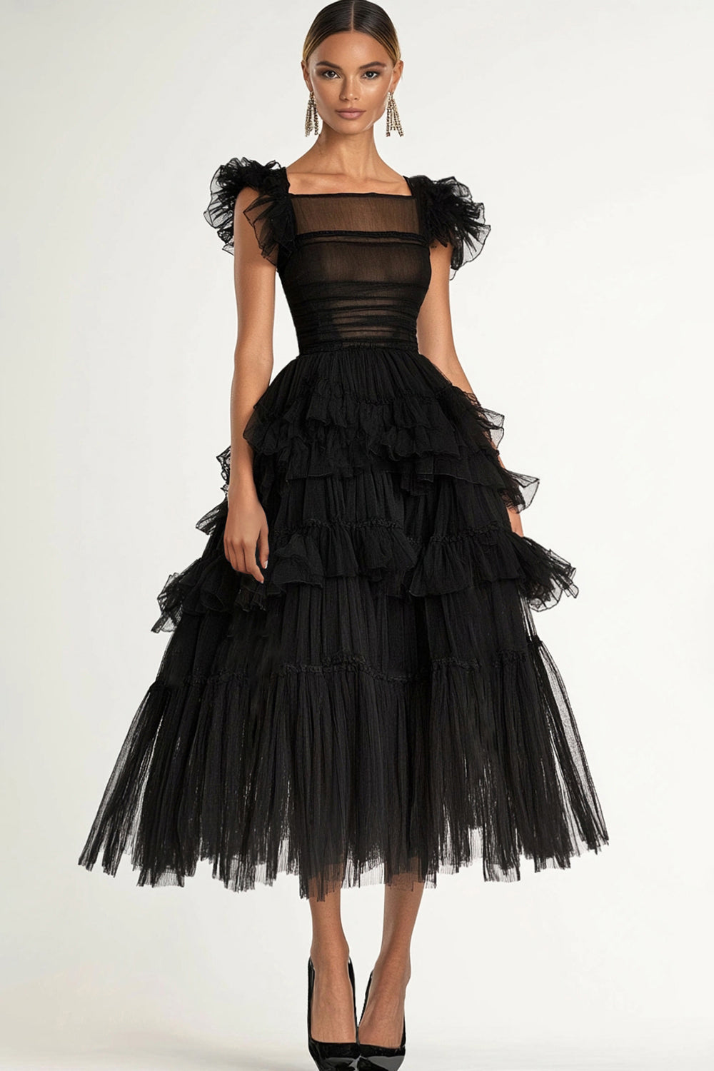 Plus Size Black A-Line Flatter Sleeves Ruffles Tulle Tea Length Formal Dress