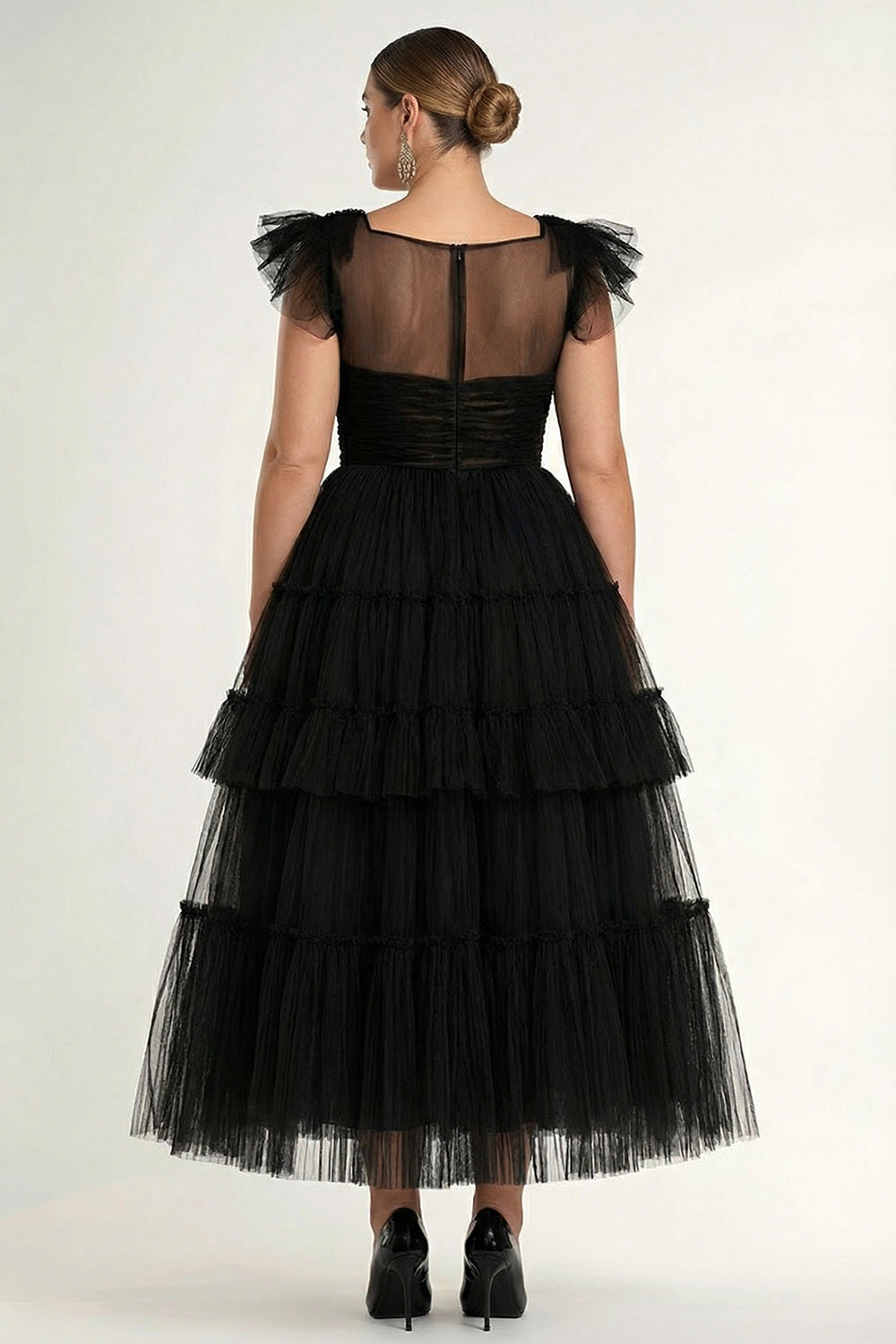 Black A-Line Flatter Sleeves Ruffles Tulle Tea Length Formal Dress