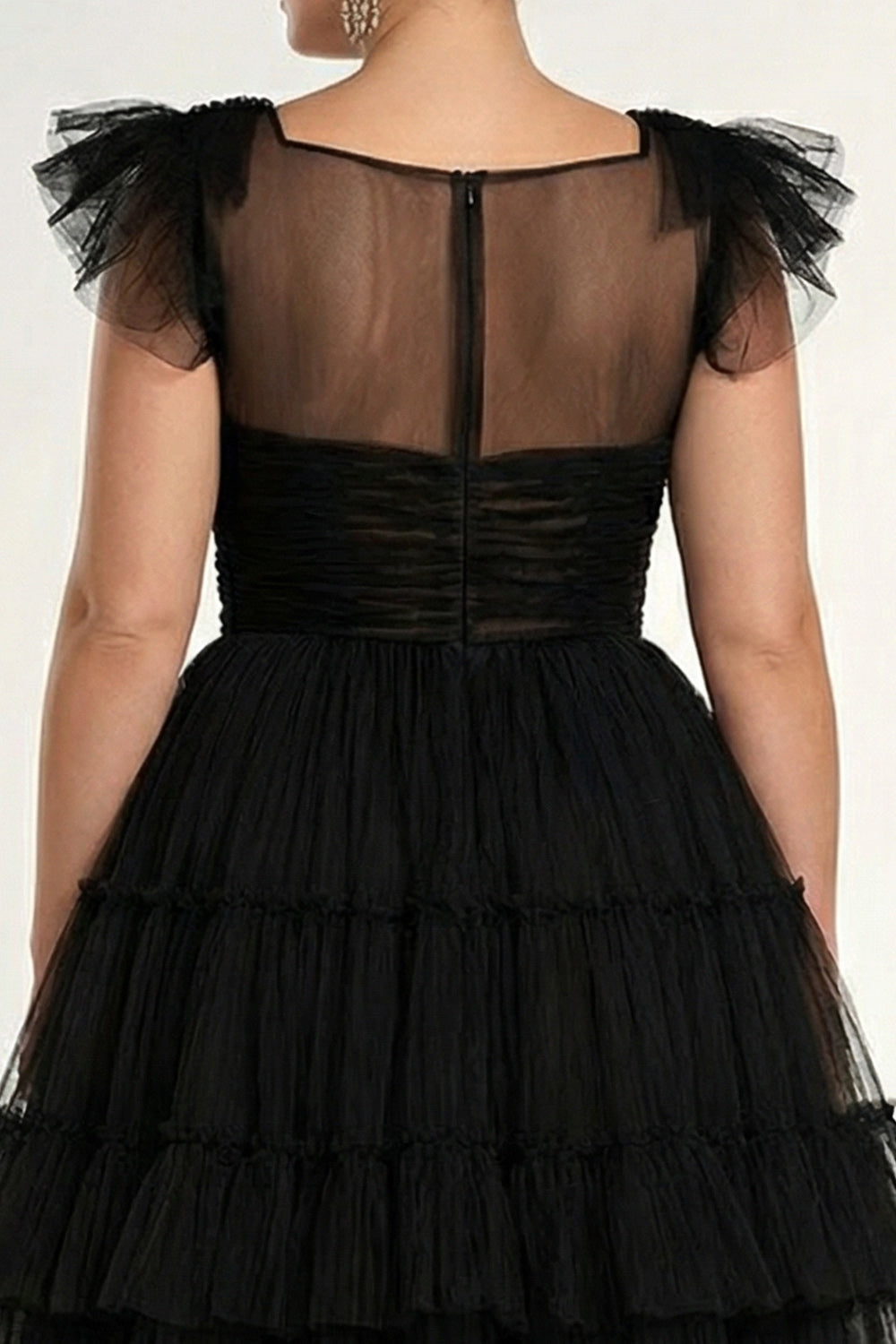 Black A-Line Flatter Sleeves Ruffles Tulle Tea Length Formal Dress