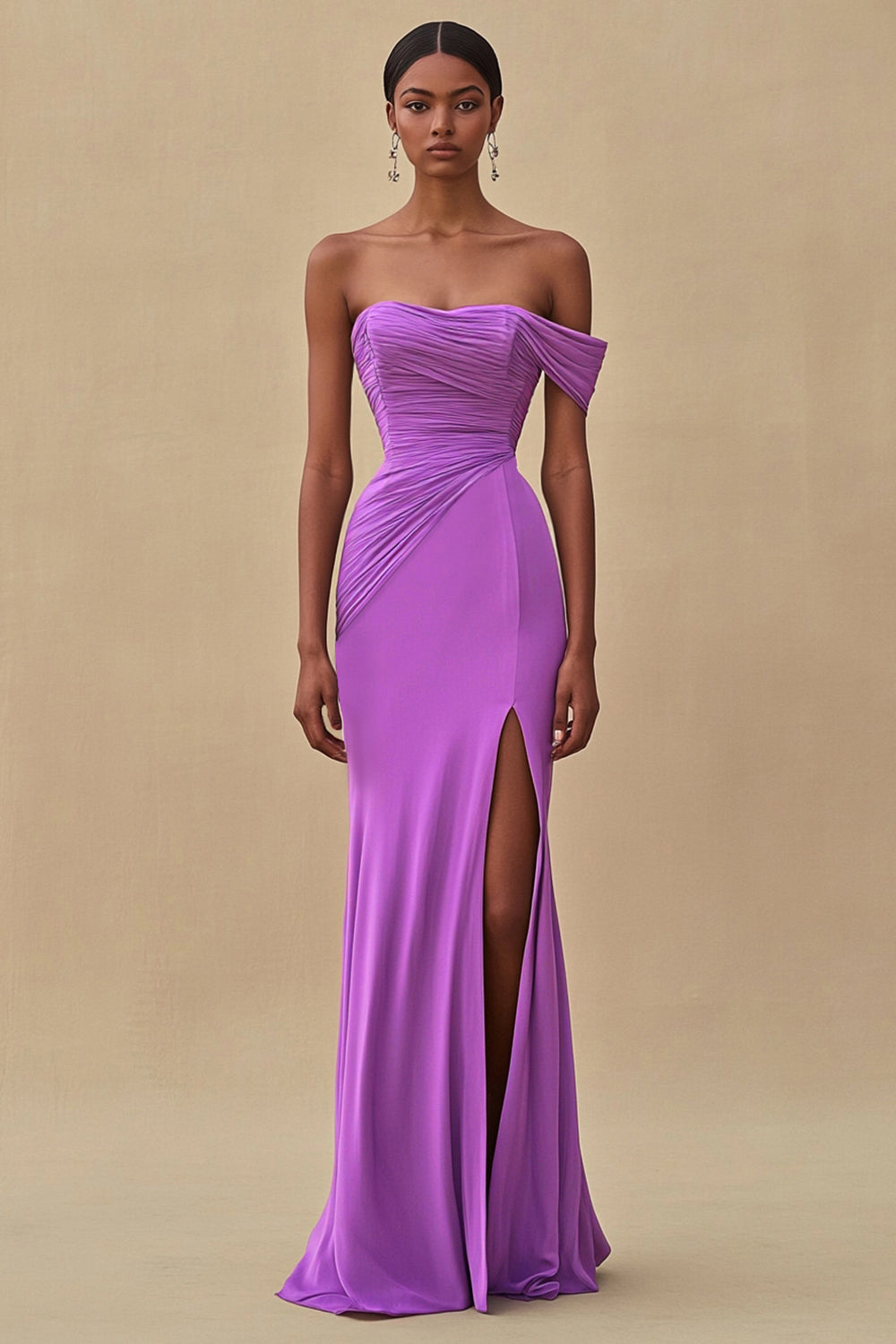 Purple One Shoulder Ruched Mermaid Long Formal Dress with Slit