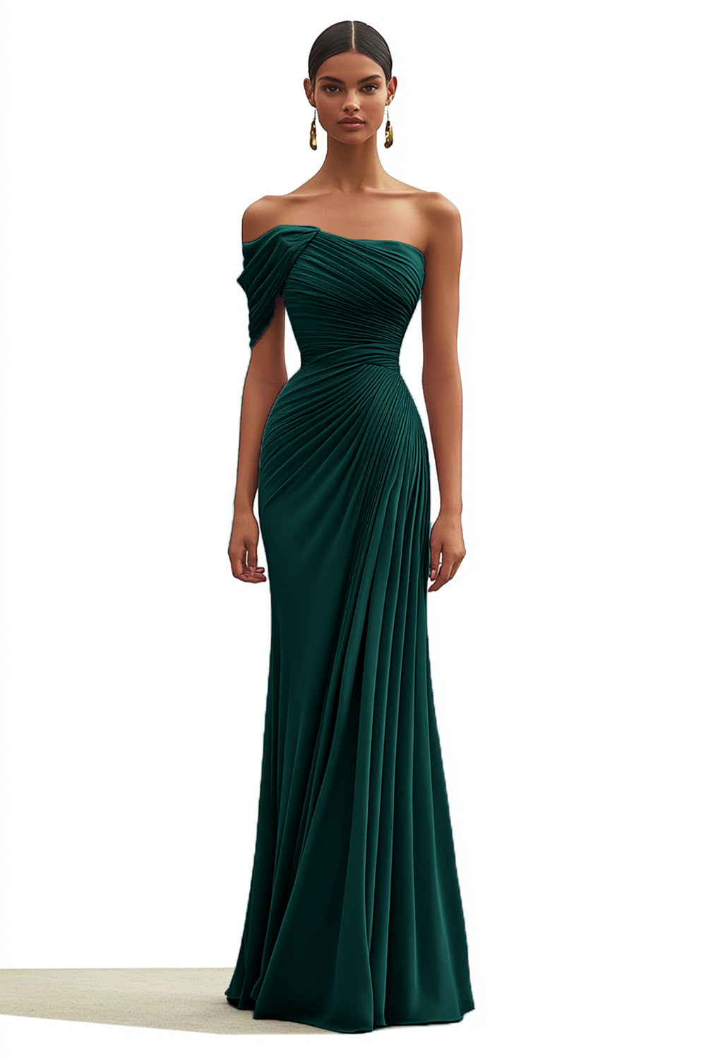 Dark Green Ruched One Shoulder Mermaid Long Formal Dress
