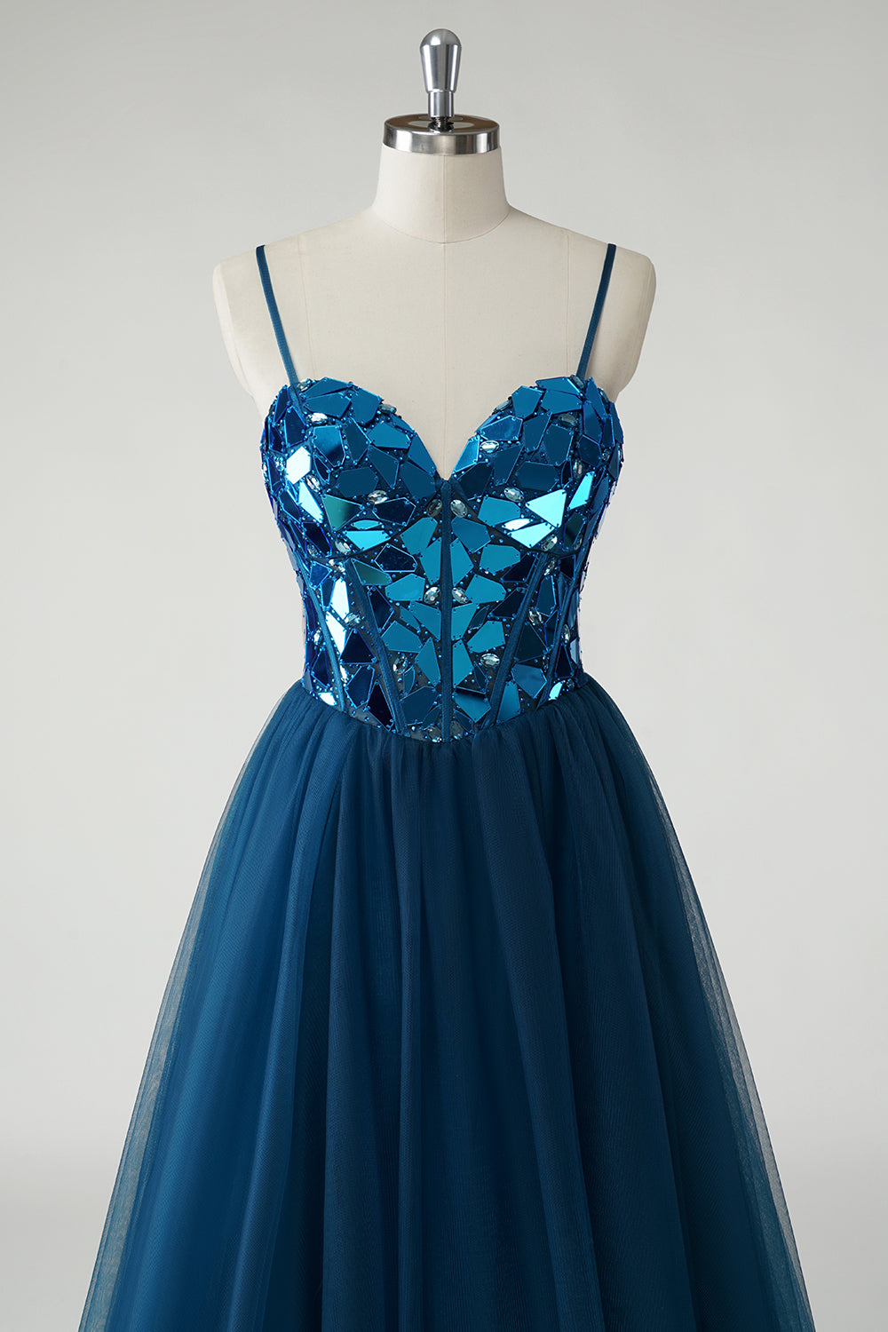 Sparkly Dark Blue A Line Mirror Long Tulle Prom Dress