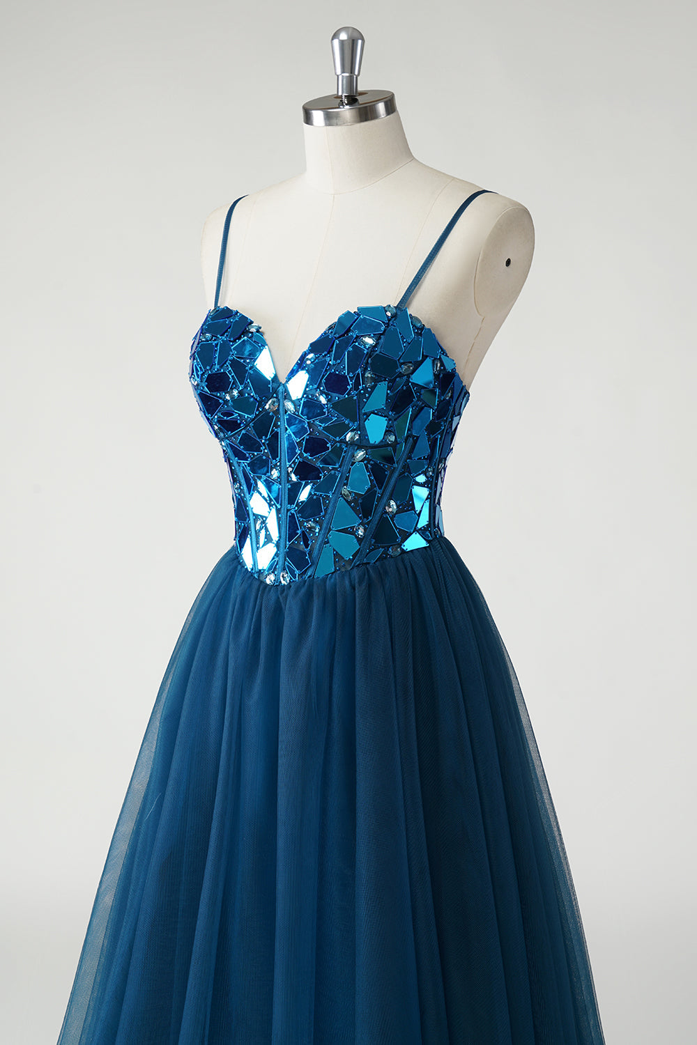 Sparkly Dark Blue A Line Mirror Long Tulle Prom Dress