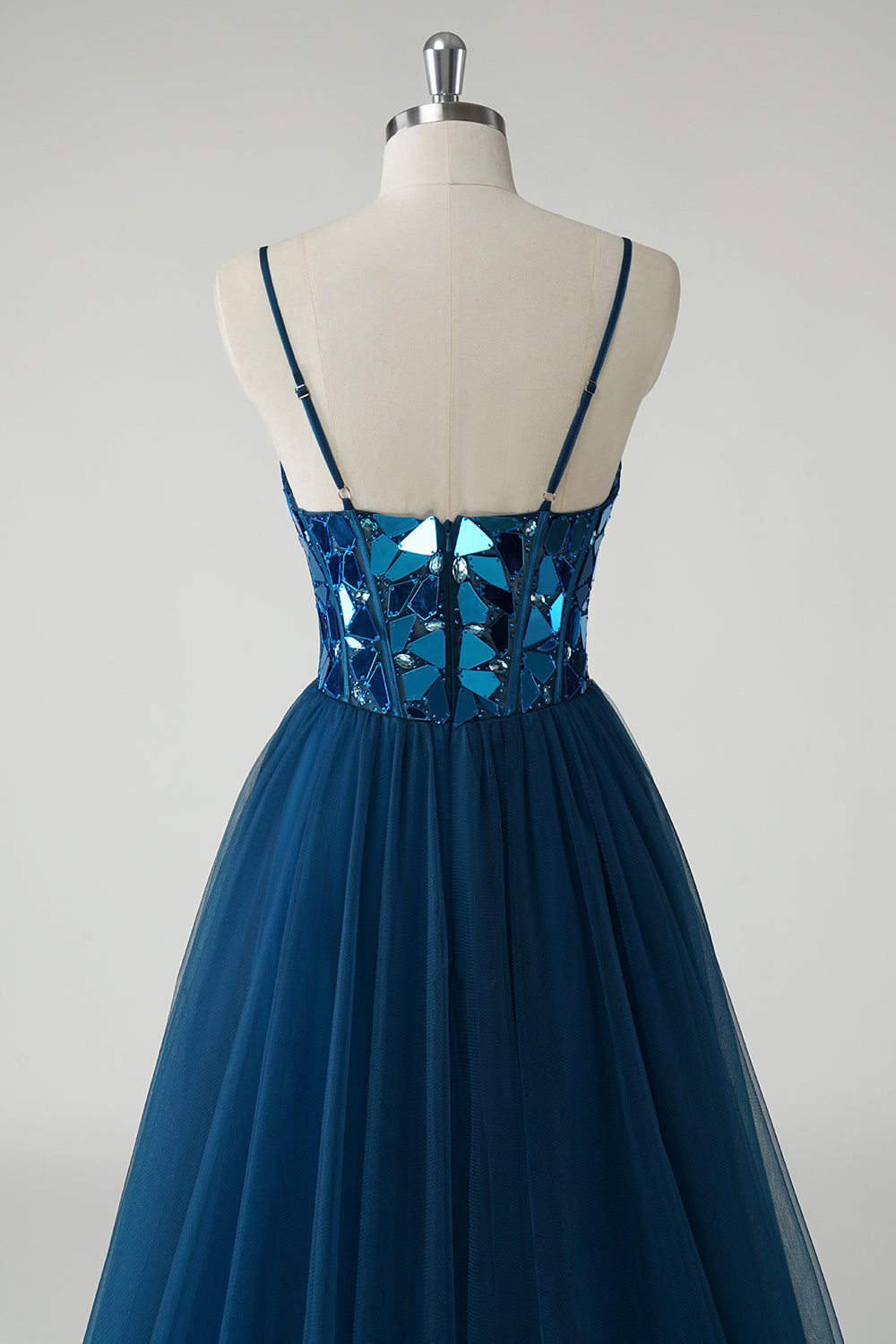 Sparkly Dark Blue A Line Mirror Long Tulle Prom Dress