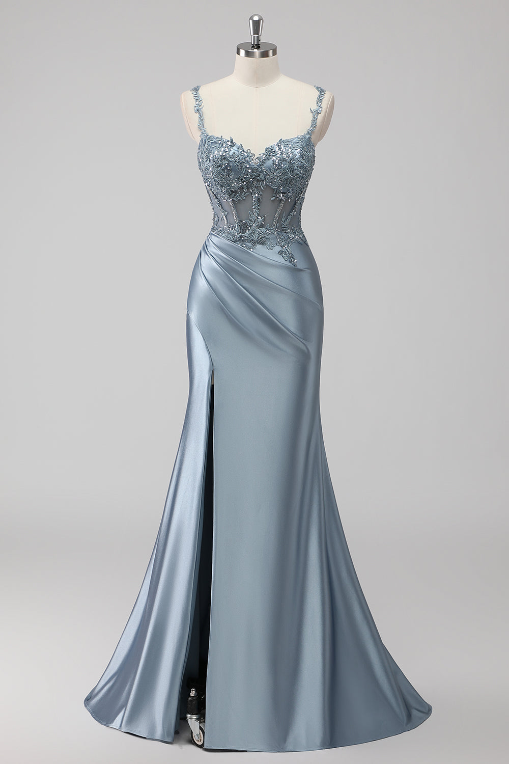 Plus Size Sparkly Grey Blue Satin Mermaid Long Corset Prom Dress with Slit