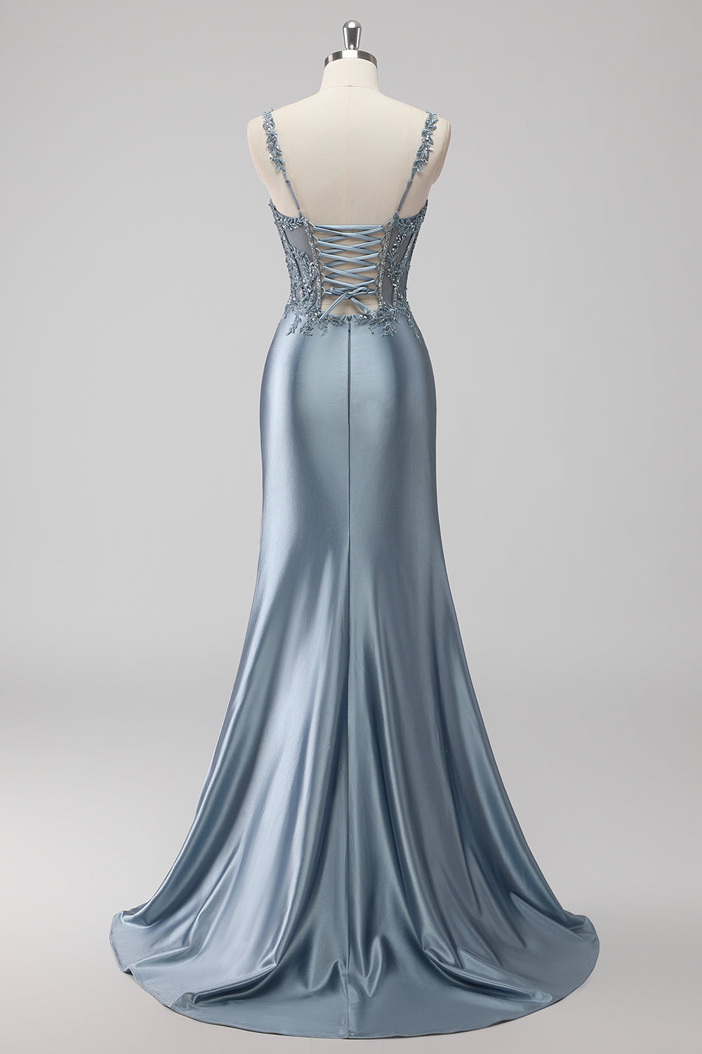 Plus Size Sparkly Grey Blue Satin Mermaid Long Corset Prom Dress with Slit