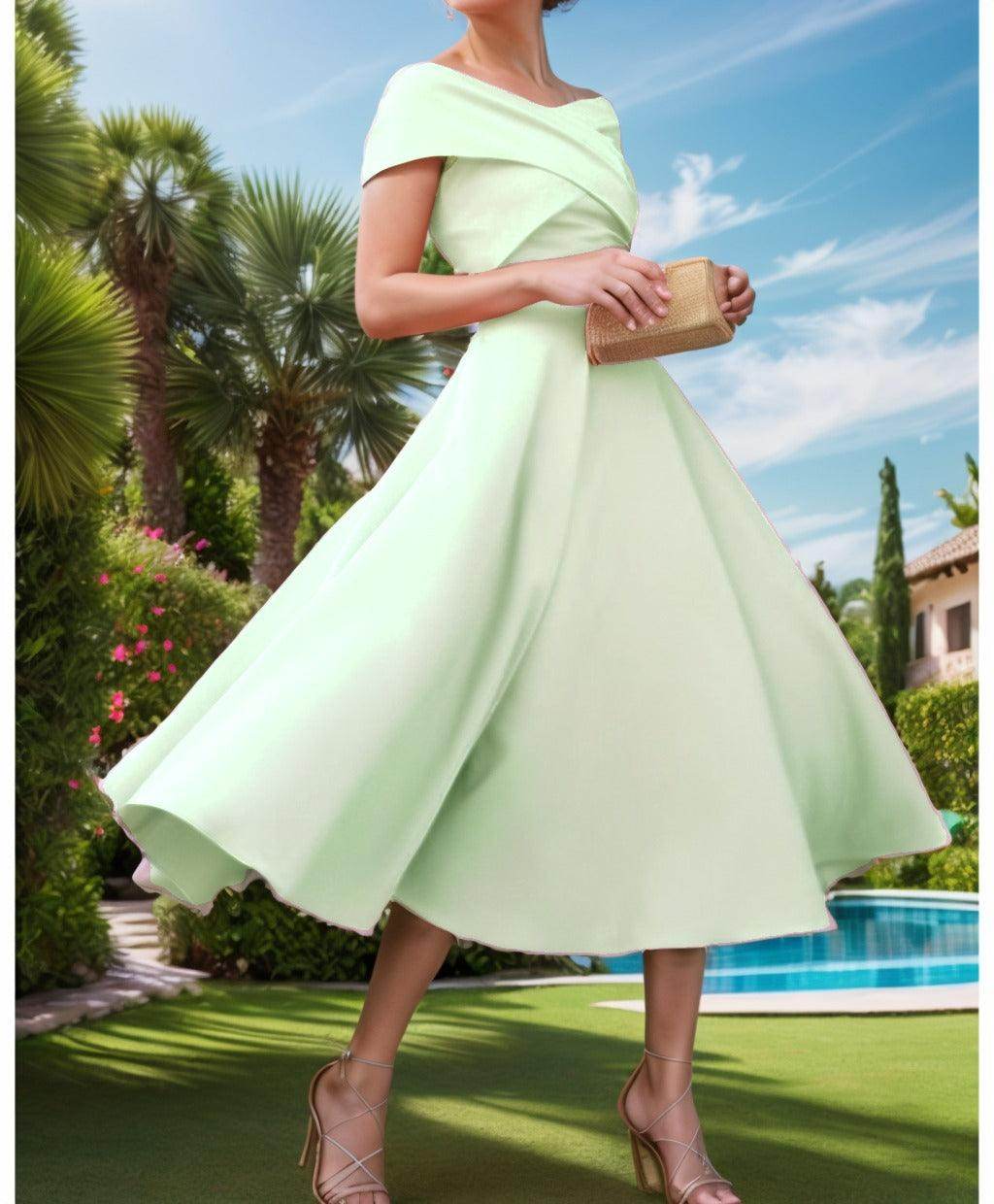 A-Line Tea Length Satin Prom Dress CS0455