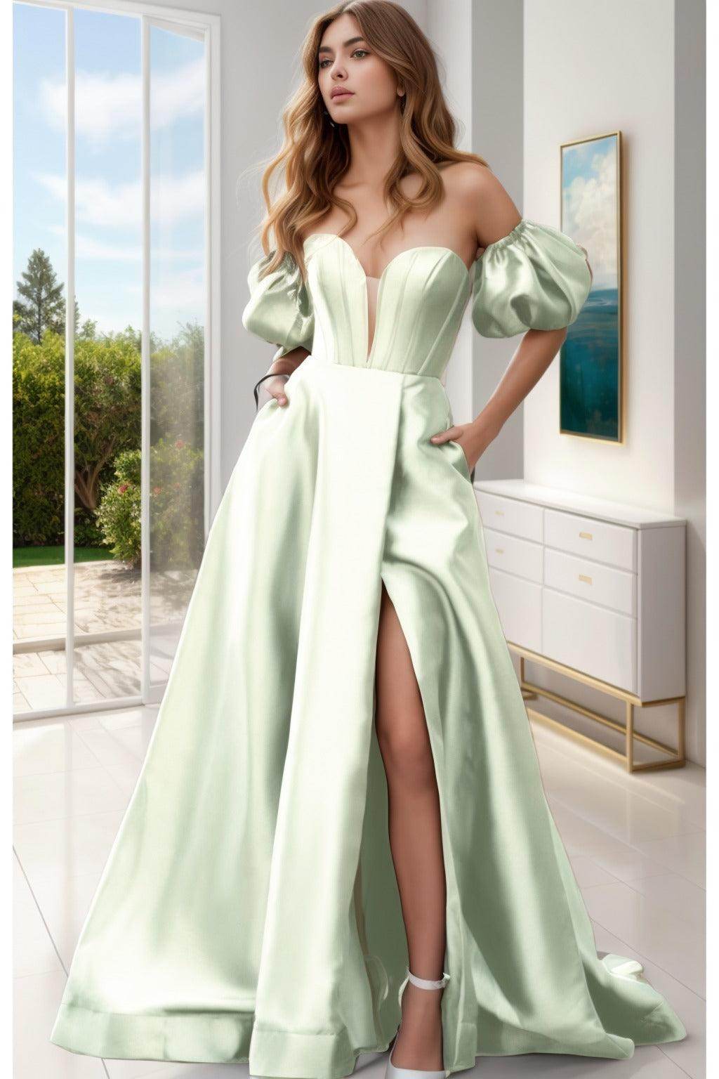 A-Line Sweep-Brush Train Satin Prom Dress CS0448