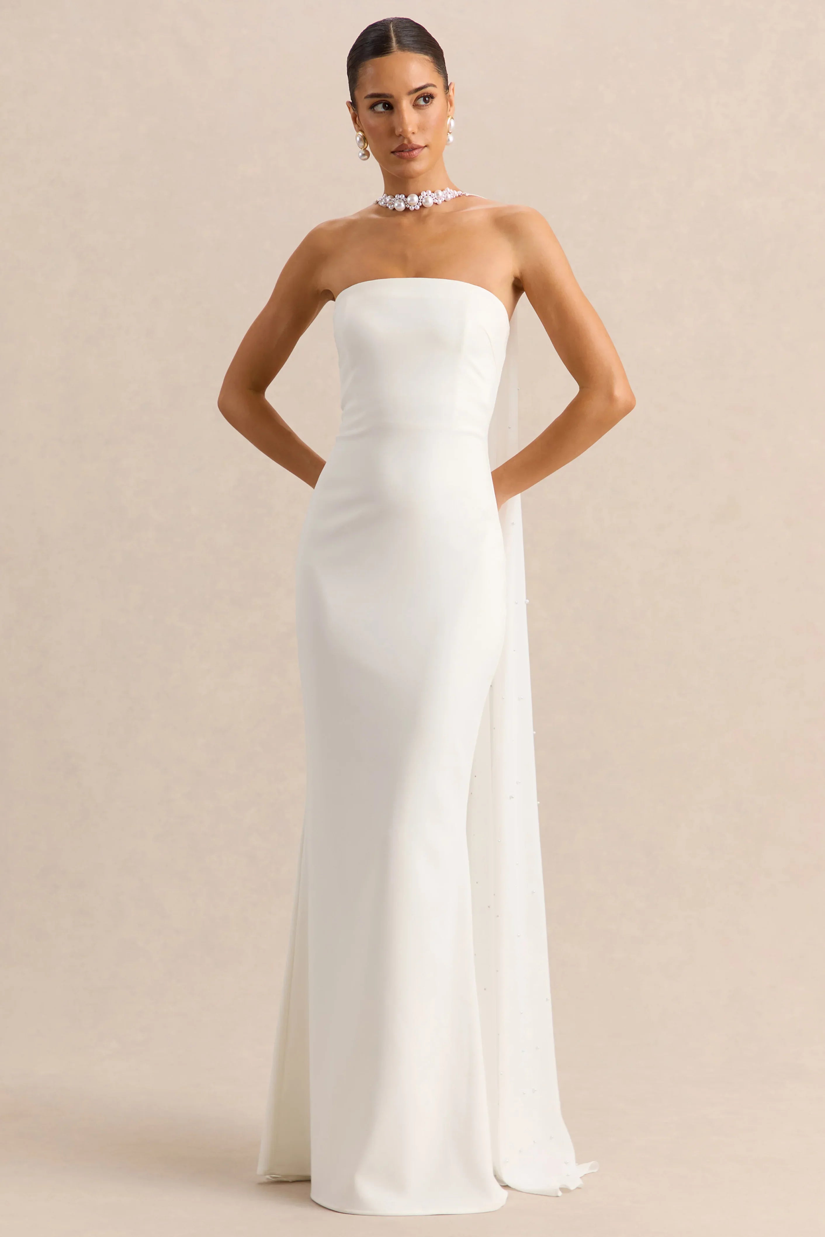 Alina | White Bandeau Maxi-Dress With Cape