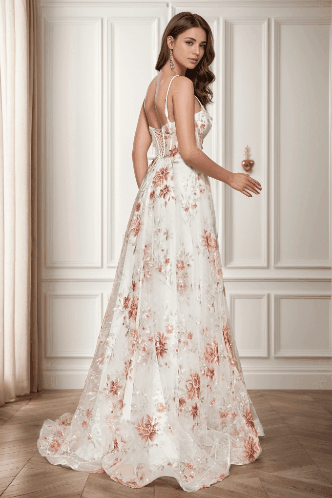 A-Line Sweep-Brush Train Print Prom Dress CS0469