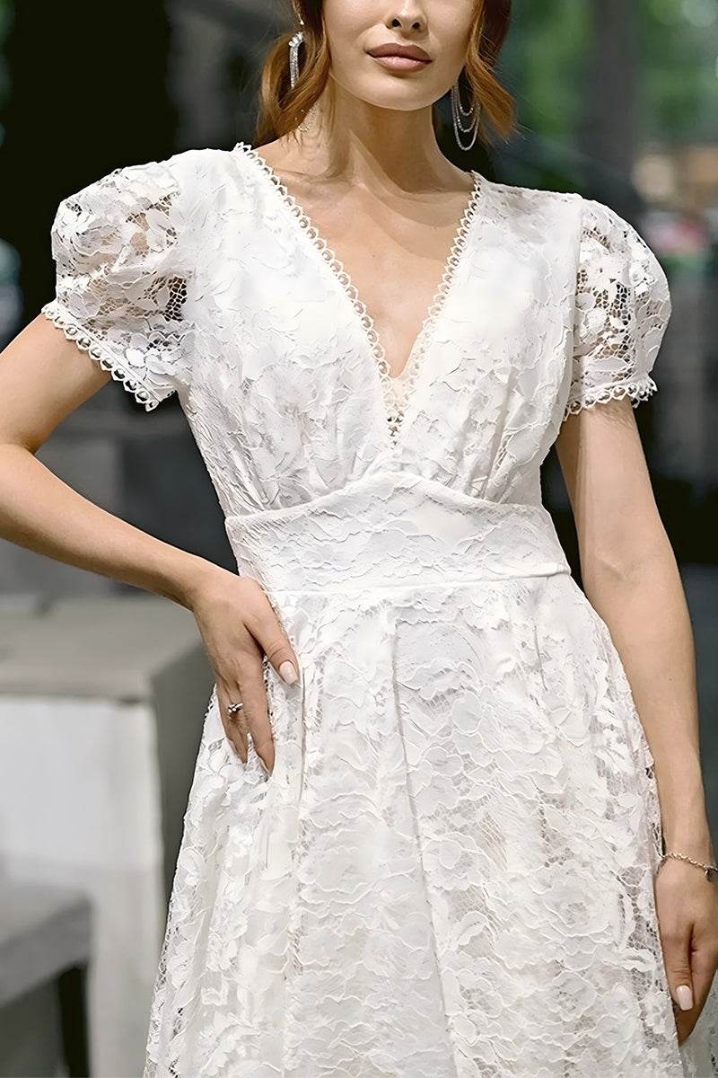 A-Line Tea Length Lace Little White Dress 100020