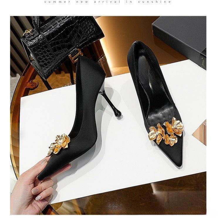 3D Flowers black Satin Pointy Stiletto Heels 769556407493