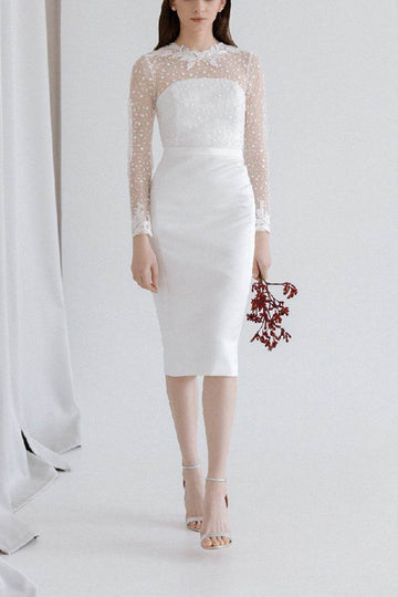 Sheath-Column Tea Length Lace Satin Little White Dress 100002